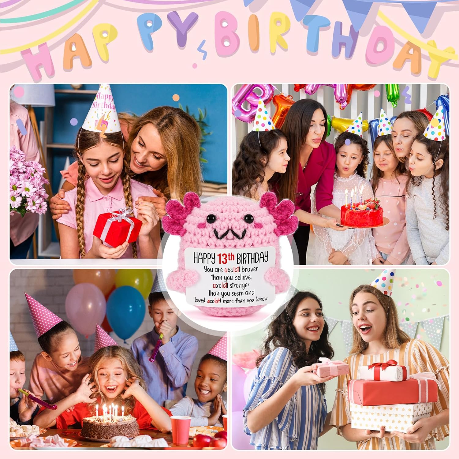 13 Year Old Girl Birthday Gift Ideas, Mini Crochet Axolotl Plush for 13th Birthday Gift for Girls, 13th Pink Decorations, 13 YO Presents Axolotl Toy - Image 7