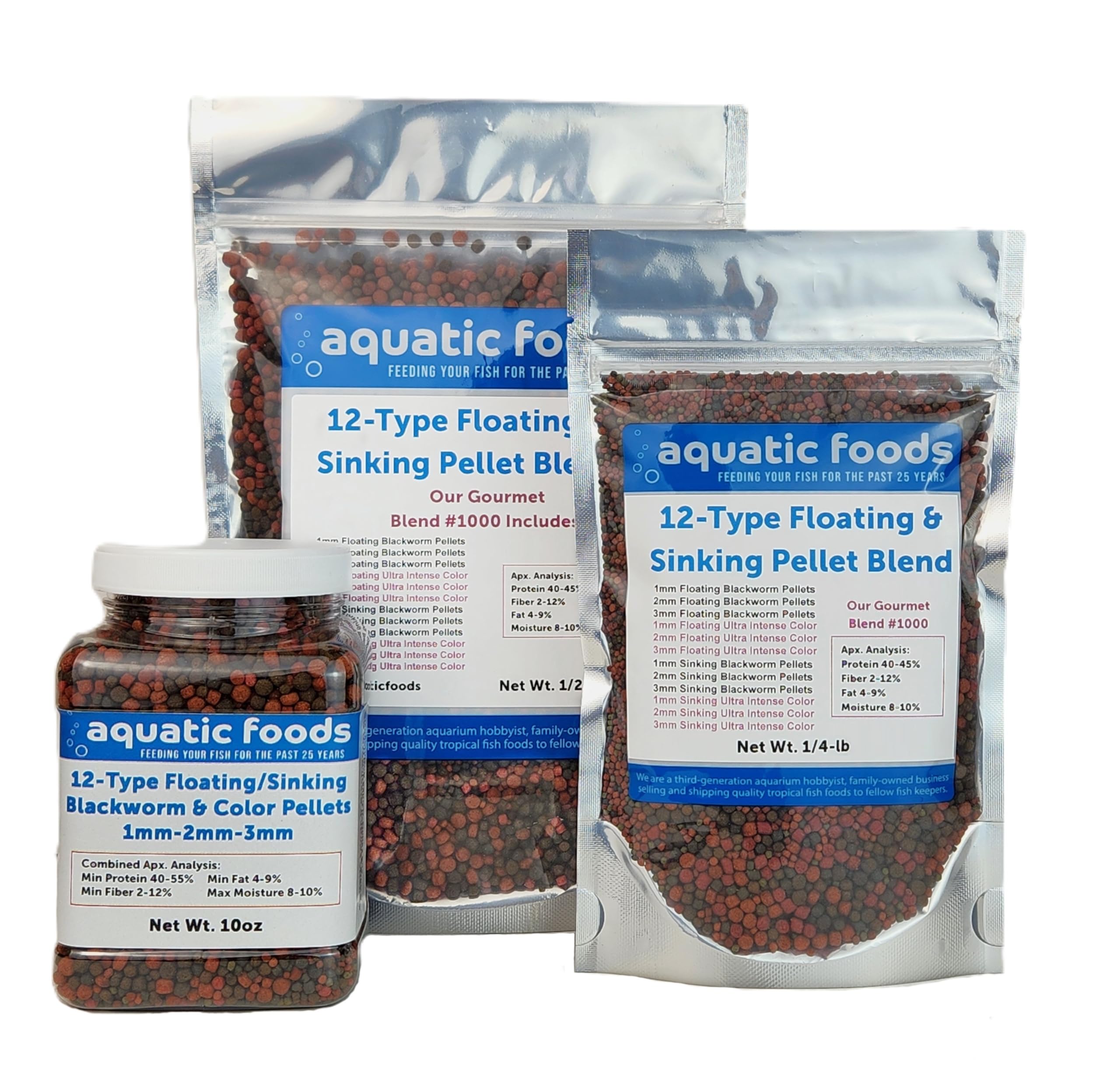 Aquatic Foods Inc 12-Type Ultra Mix of 1mm 2mm 3mm Floating Sinking California Blackworm and Intense Coloring Pellets