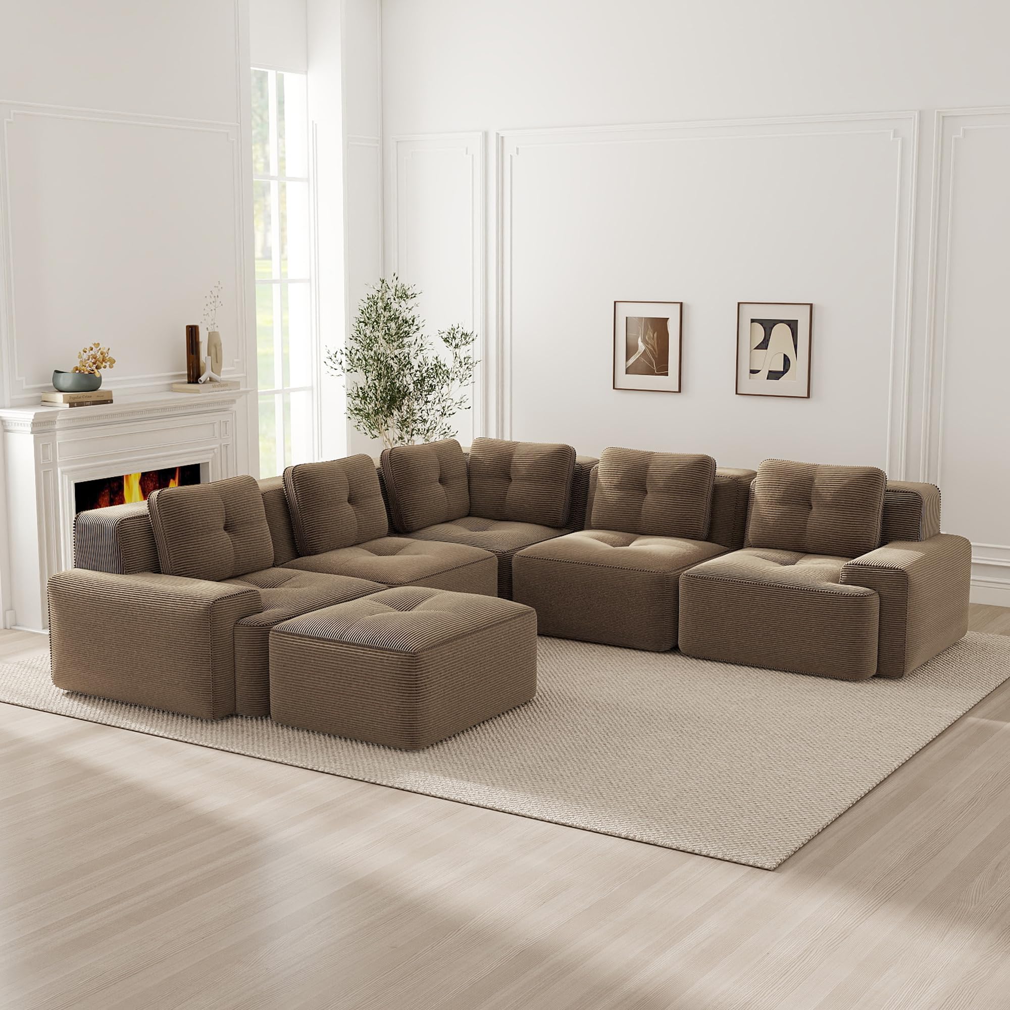 Modulares Ecksofa aus Cord, Rahmenloses Sofa mit Höhere Rückenlehne, Tiefsitzer Wohnlandschaft, Frei Kombinierbares Sofa, Kein Aufbau Erforderlich Braun 5-Sitzer