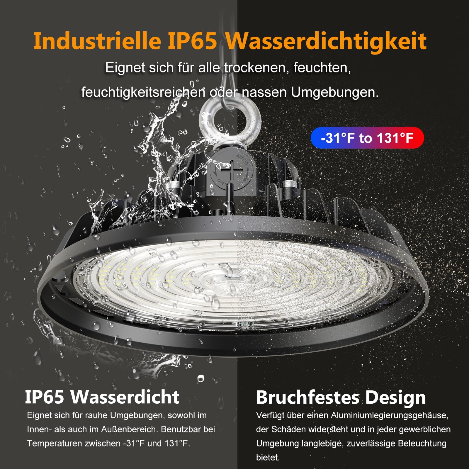 UFO 150W Werkstattlampe LED Hallenstrahler Dimmbare 90W/120W/150W High Bay Light 25500LM Treiber 6000K Superhelle Werkstatt Deckenleuchte IP65 Industriestrahler 120° für Fabriken, Lager
