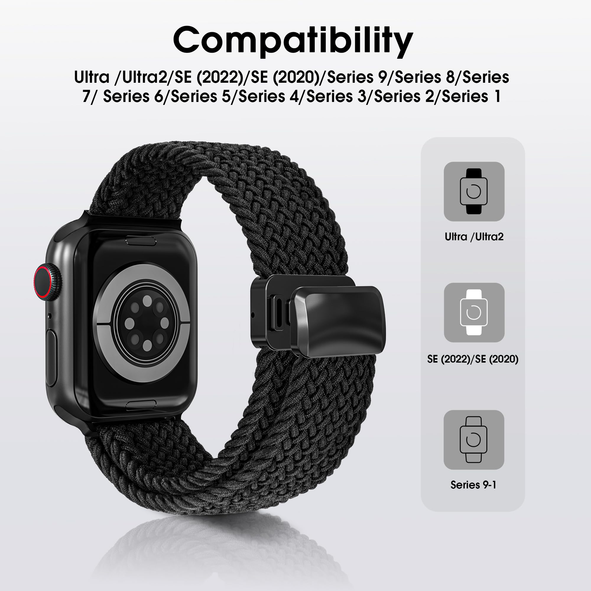 Arae Magnetic Stretchy Watch Band Compatible for Apple Watch Band 38mm 40mm 41mm,Comfortable Adjustable Straps Wristbands for iWatch Series 9 8 7 6 5 4 SE 3 2 1 Ultra 1 2 Women Men,Black