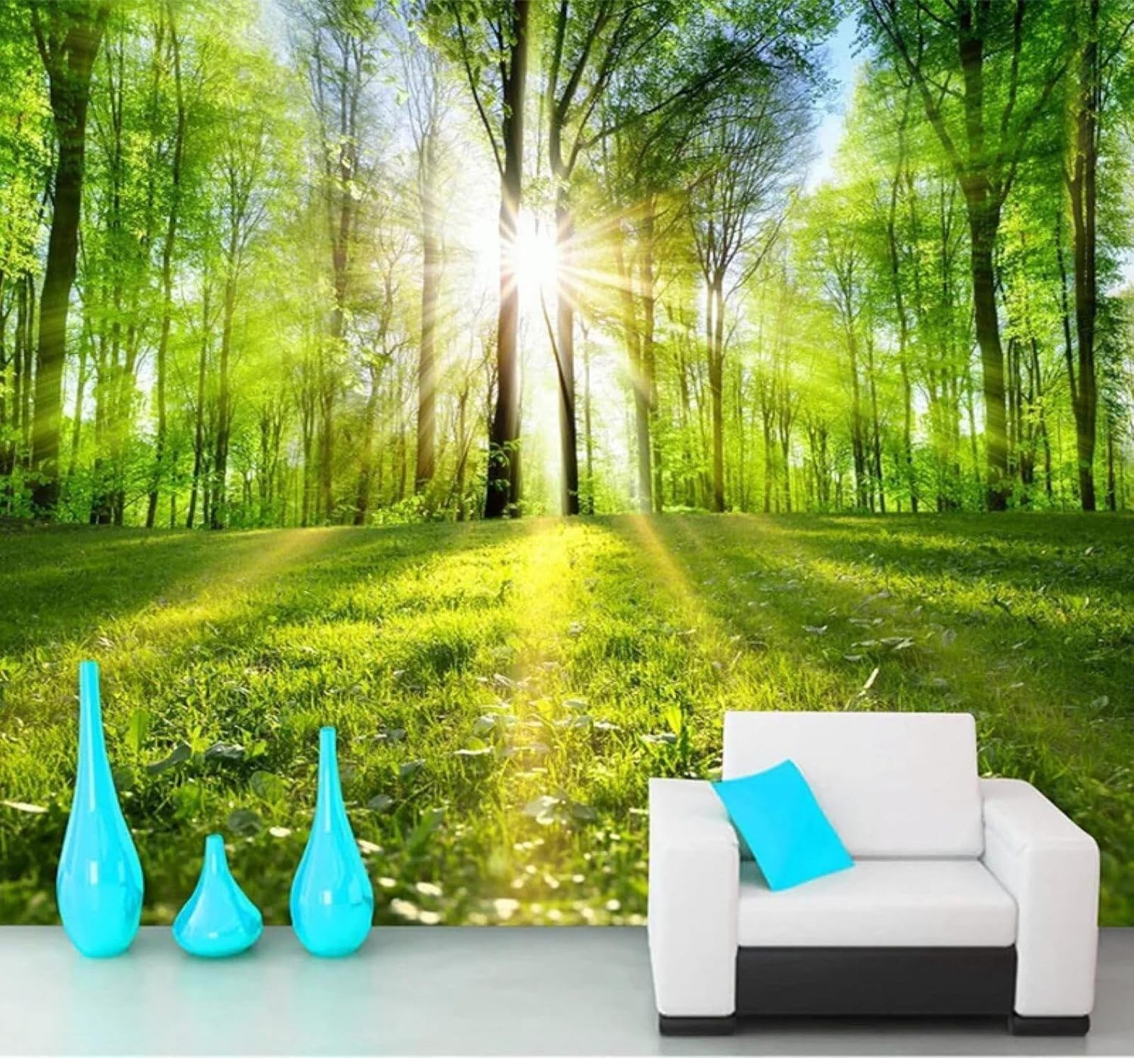 XLMING Sunlight Fresh Green Woodland Natural Scenery 3D Wallpaper Luxury Silk Study Dining Feature Sofa Grey Bedroom Living Room Tv Decorative Wall-250cm×170cm