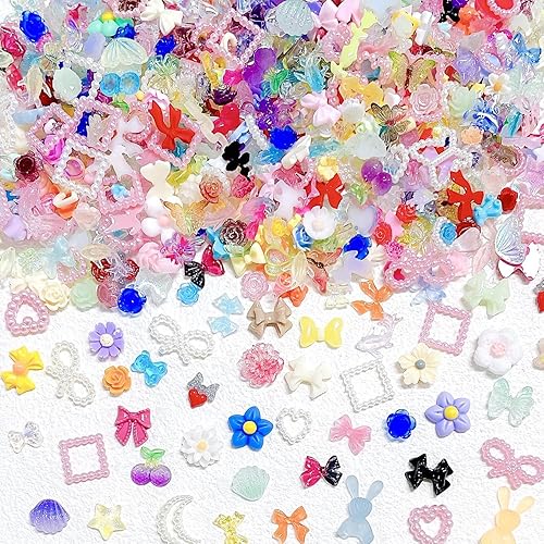 Lomexen - Dijes de uñas 3D surtidos de perlas, 100 piezas, multicolor, formas multicolores, corazón, flores, lazo, mezcla de estrellas, oso, perlas