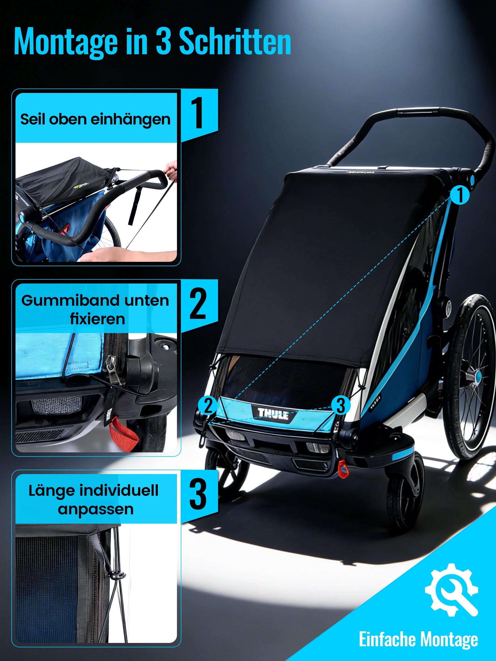 WildKids Protezione solare per rimorchio per bicicletta UPF50+ regolabile compatibile Thule Kesser Hauck