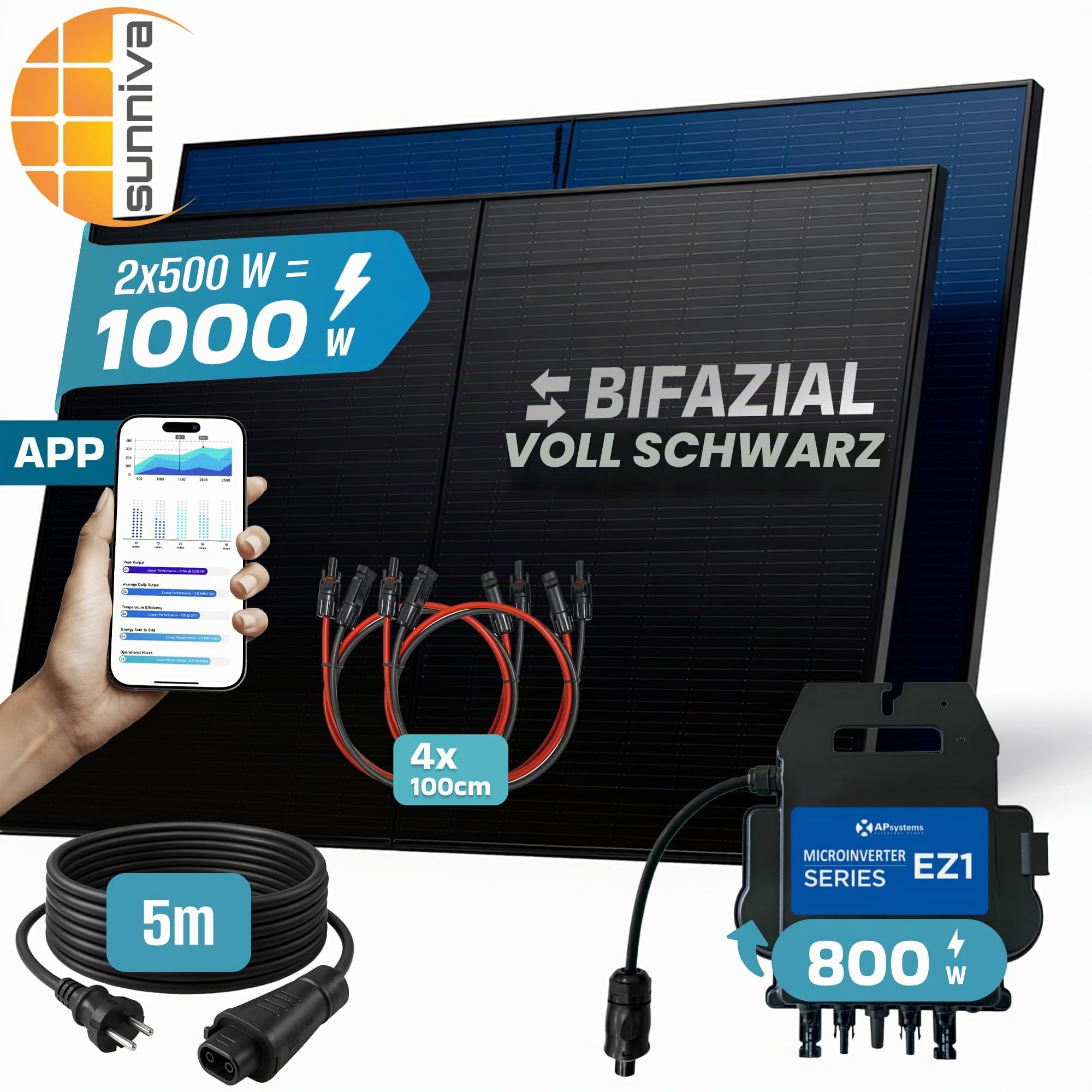 SUNNIVA® 1000W Balkonkraftwerk BIFAZIAL FULLBLACK komplett Steckdose AP Systems EZ1-M 800 Watt Wechselrichter, Solaranlage Komplettset, 2x500W Glas Bifacial Solarmodule, 5m Kabel, 4x1m Solarkabel