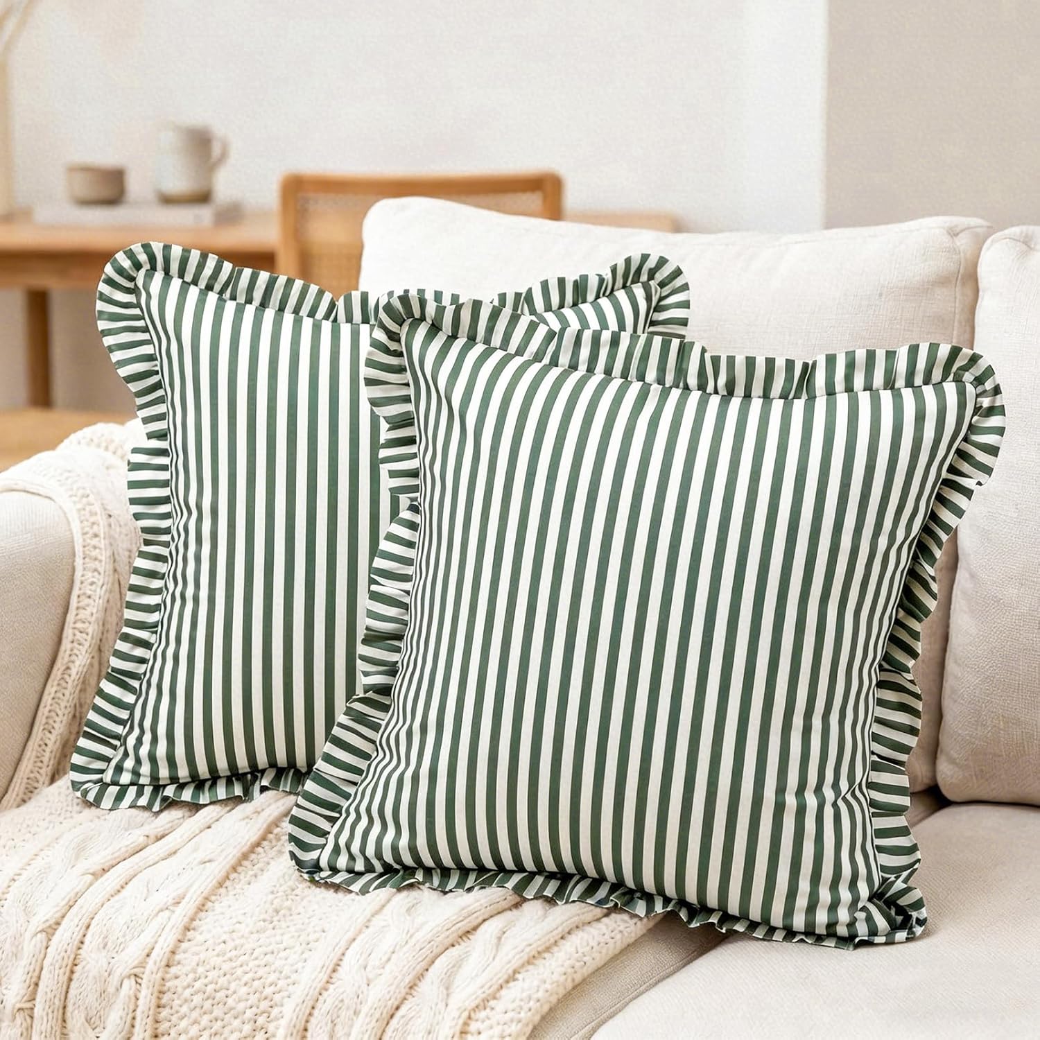 Yousoontic 2 Pcs Striped Coastal Pillows Cover with Ruffle 20 x 20 Inches Green and White Square Striped Throw Pillows Cover Cotton Decorative Cushion Case for Couch Home Living Room Bed Sofa Patio