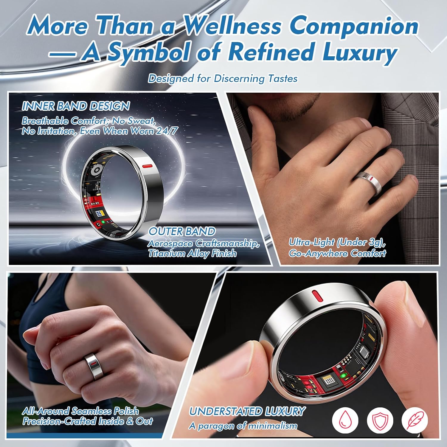 Smart Ring for Men & Women, Titanium Health Ring with Heart Rate (HRV), SpO2, BP and Stress, Sleep & Activity Tracking, Waterproof, No Subscription Fee for Android & iOS (Elegant Silver, 12#)