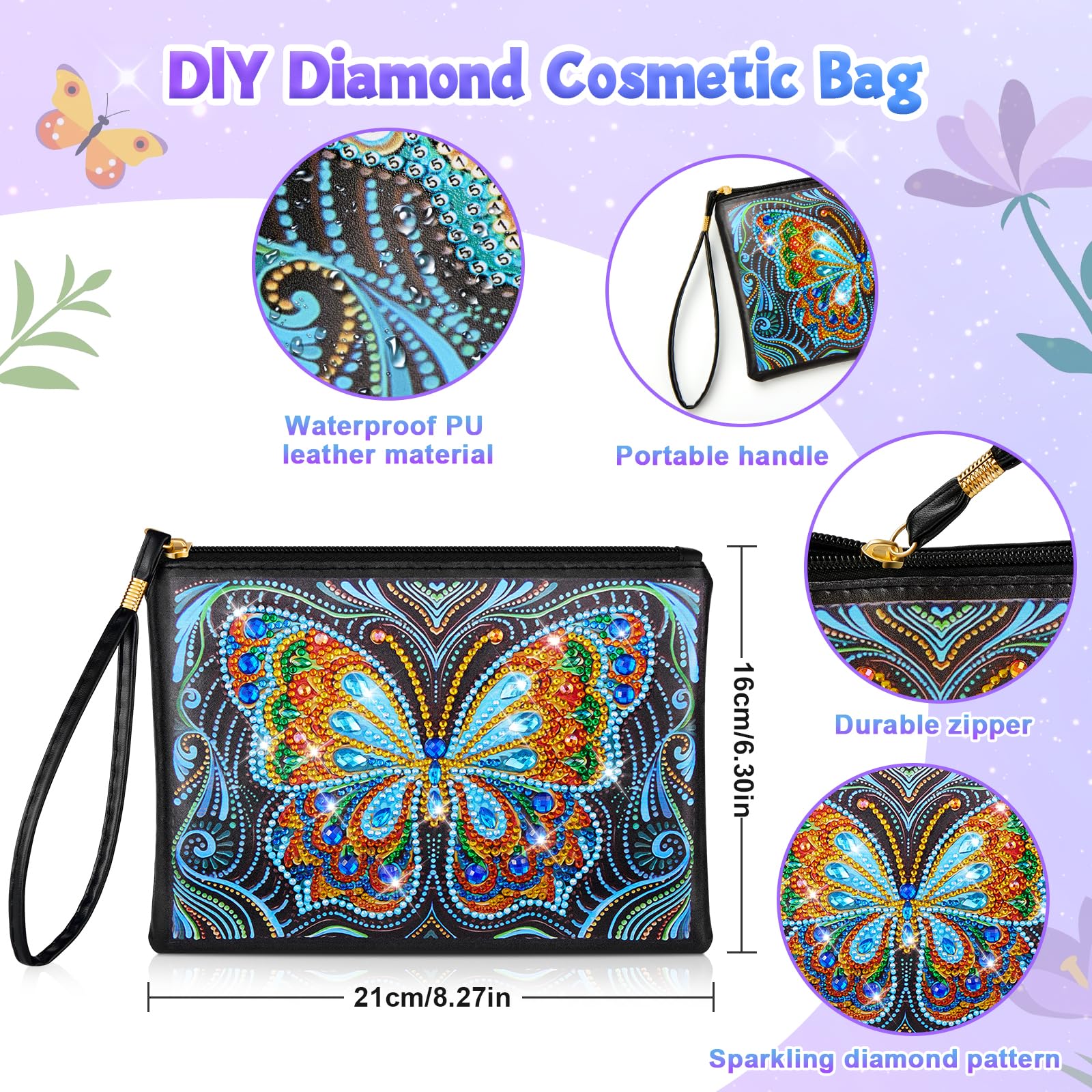 Enbagold Diamond Painting Kit Completo, Pittura Diamante Borsa e Taccuino A5, Diamond Painting Bambina, Regalo Bambina 6 7 8 9 10 Anni, Giochi Bambina 6-12 Anni Femmina -Farfalla Blu + Piuma Pavone