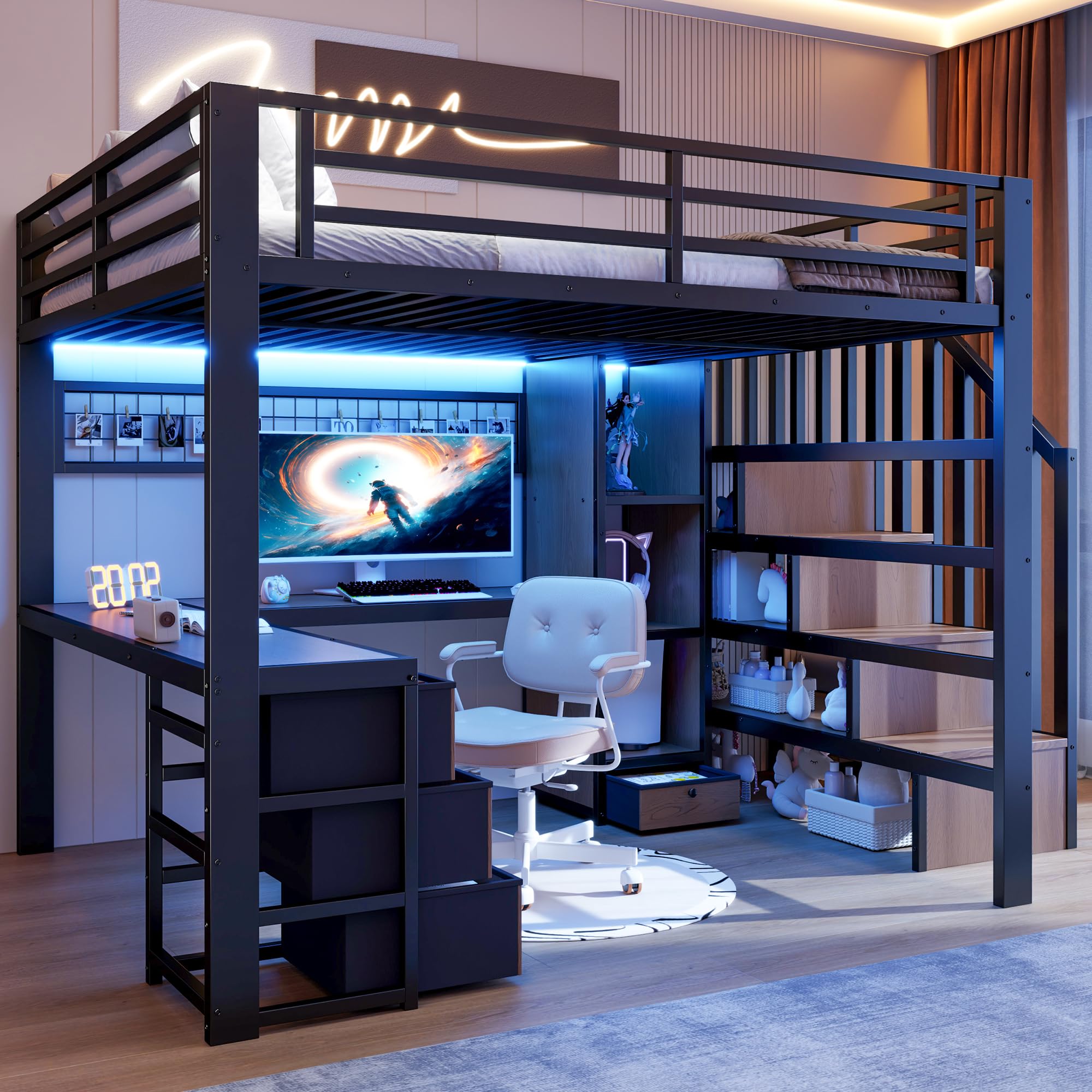 Soweiz Letto a soppalco con scrivania, telaio in ferro, 4 cassetti, griglia per appendere oggetti, con striscia luminosa a LED, scala di stoccaggio, senza materasso (nero, 140 x 200 cm)