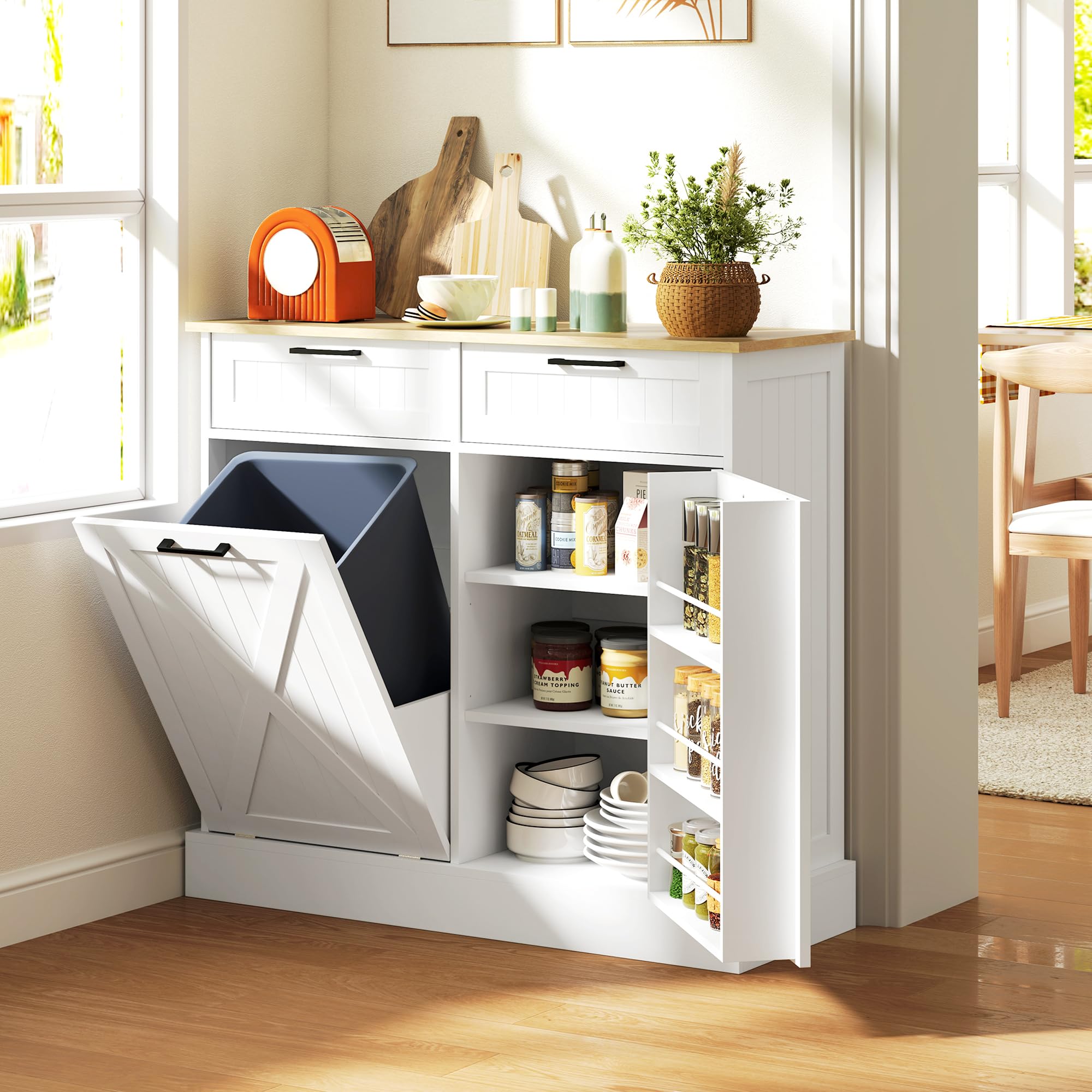 HOMCOM Buffet Cuisine avec Meuble Poubelle 38L, 100 x 36 x 90 cm, Blanc