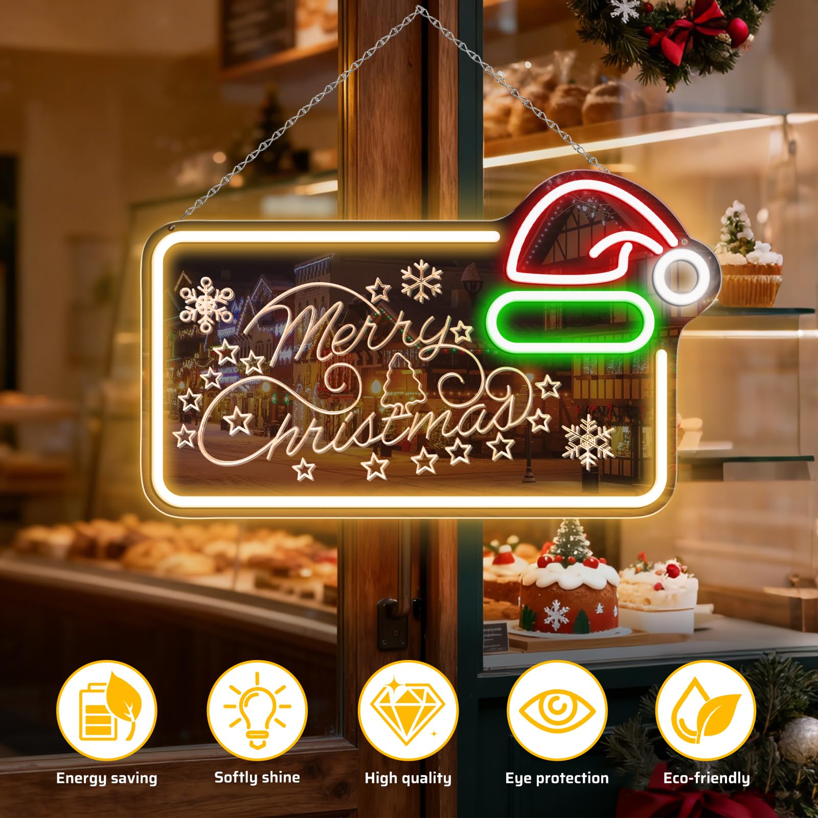 Letrero LED de neón con espejo de 16.5 x 10 pulgadas, decoración de pared con luz LED regulable con sombrero de Papá Noel, decoración de pared alimentada por USB para el hogar, habitación de los niños