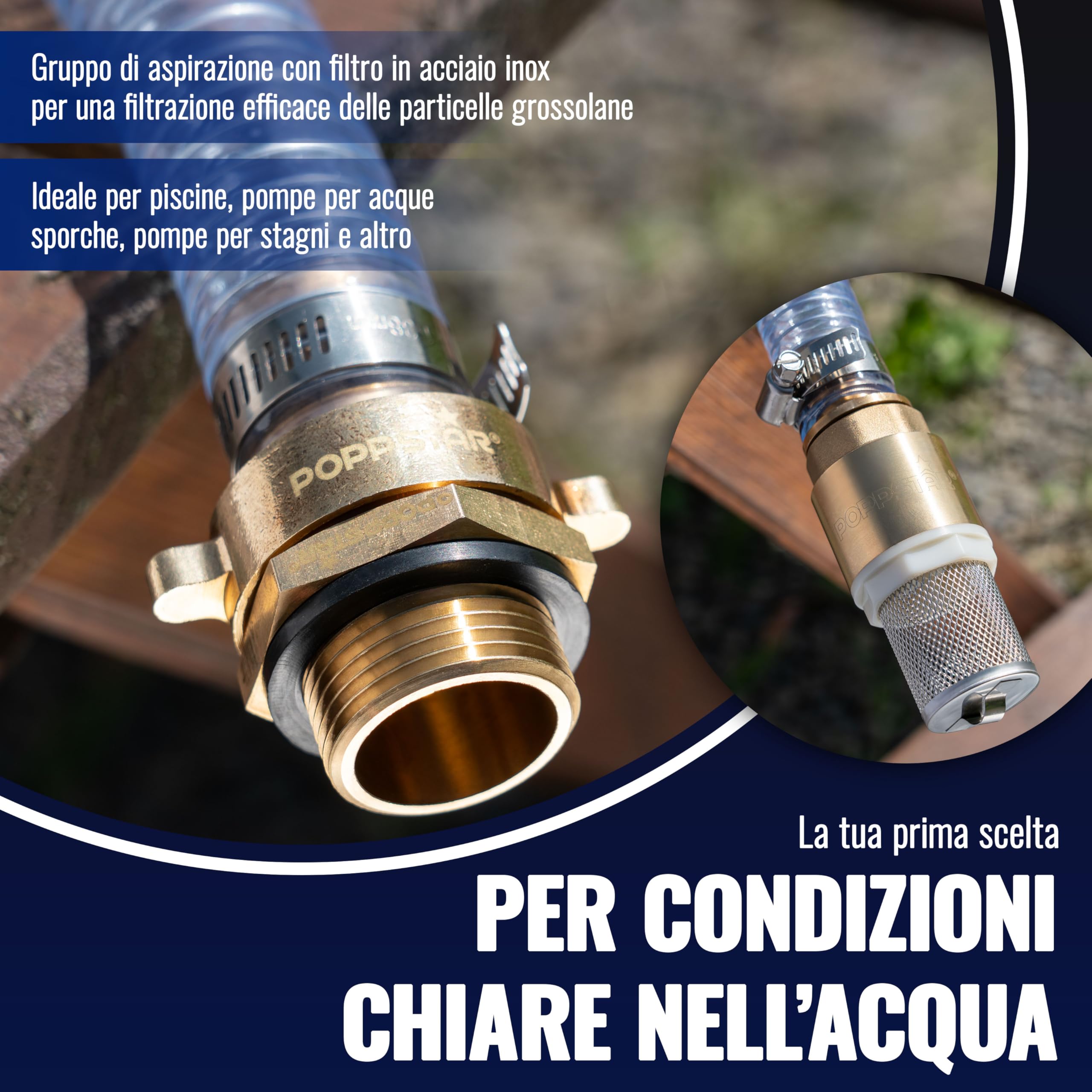 Tubo di aspirazione 1" 7m, diam. int./est. 25mm/33mm, spess. parete 4mm, incl. cestello aspirazione inox valvola ritegno, dado raccordo diam. int. 1 1/4" (41,9mm), riduttore diam. est. 1" (33,3mm)