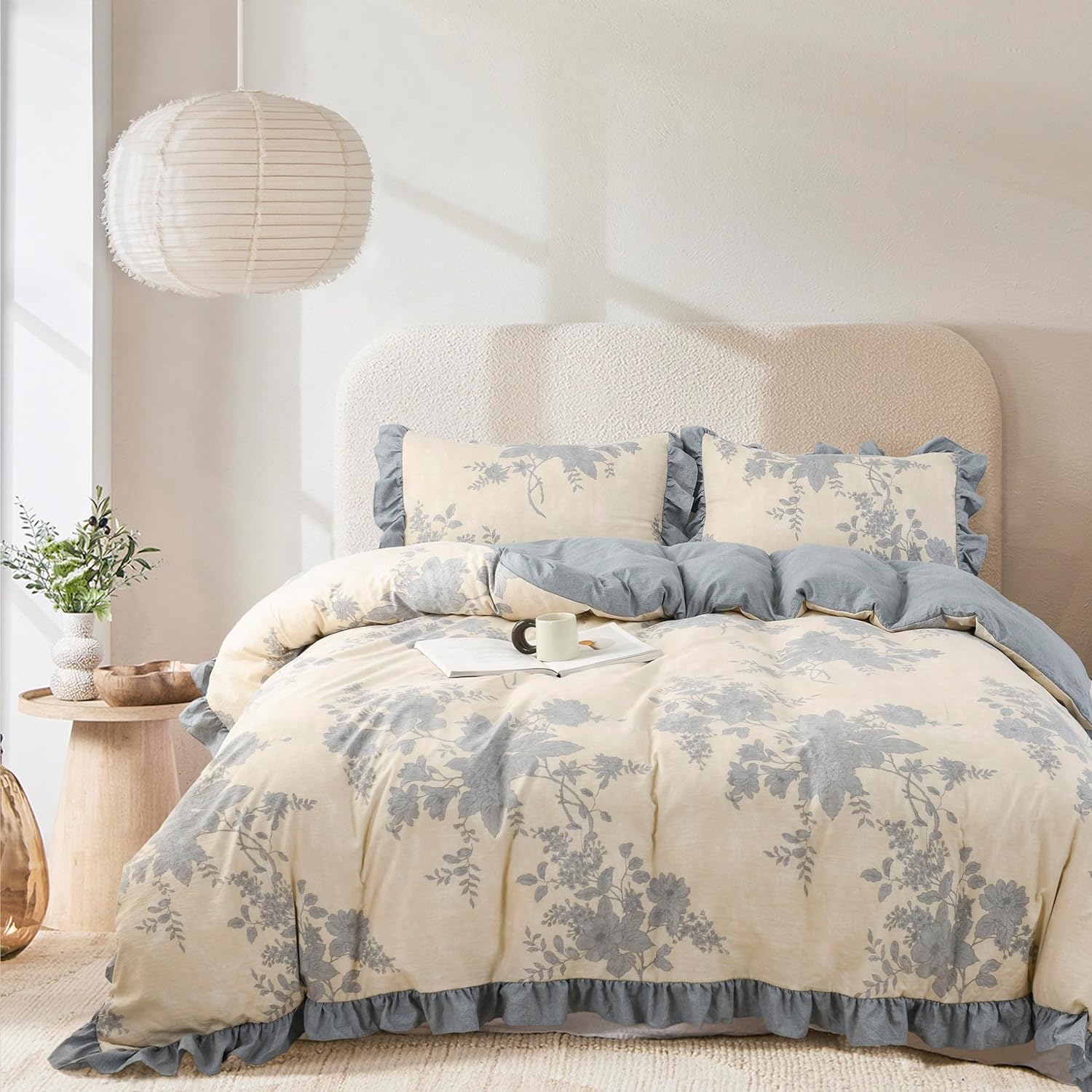 Oli Anderson 3 Piece Floral Comforter Set, Vintage Botanical Print Bedding Set, Farmhouse Lightweight Cottagecore Bed in a Bag with Ruffle Flowers Comforter (Blue, King)