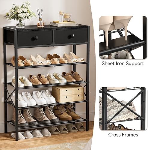 Miniatura 6 de Zapatero para entrada, organizador de zapatos de 5 niveles con 2 cajones no tejidos, estante de almacenamiento de metal para 16-20 pares de zapatos,