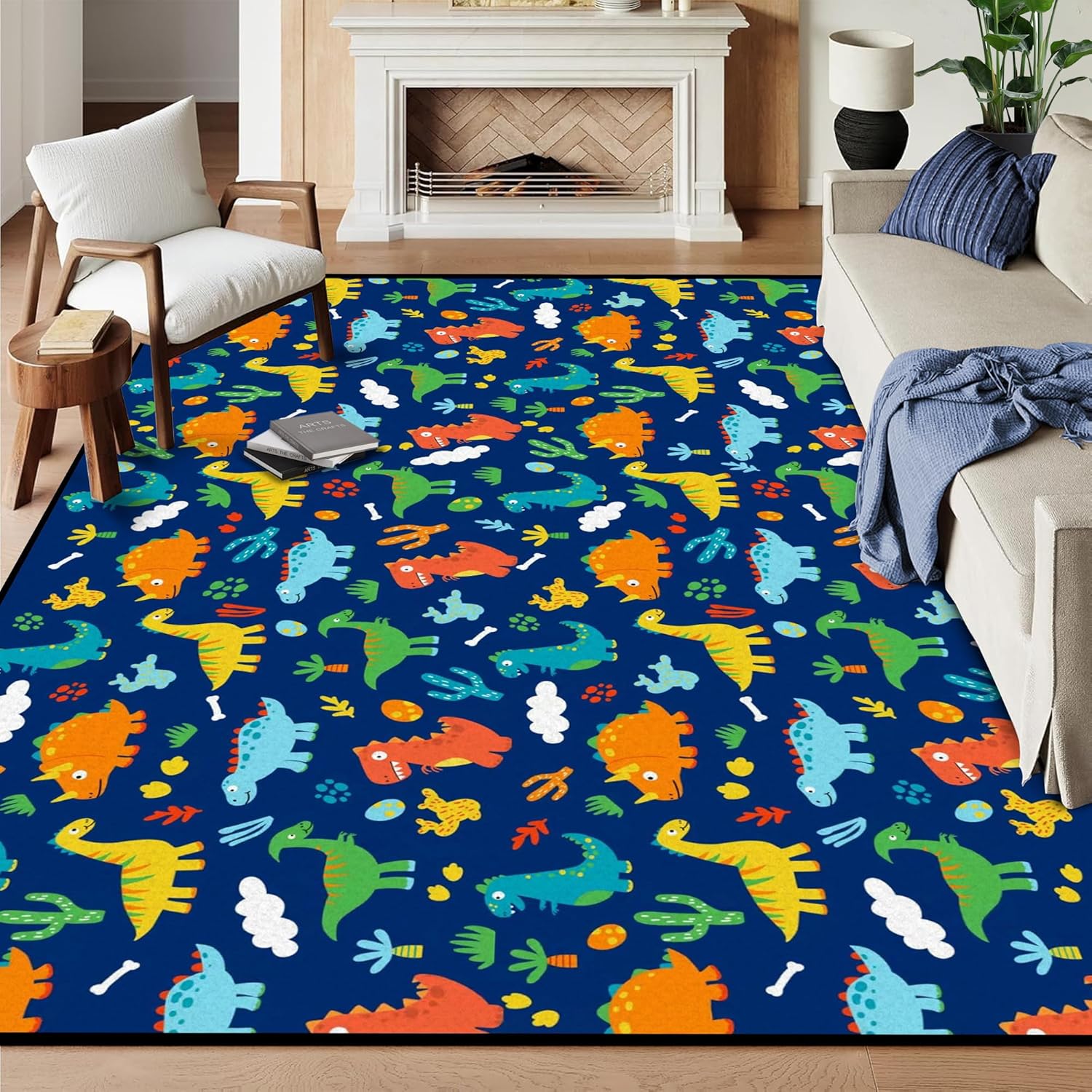6' x 9' Dinosaurs Rug Blue Area Rugs for Kids Boys Girls Living Room Bedroom Dormitory Washable Floor Mat Cartoon Throw Rug Carpet Room Decor