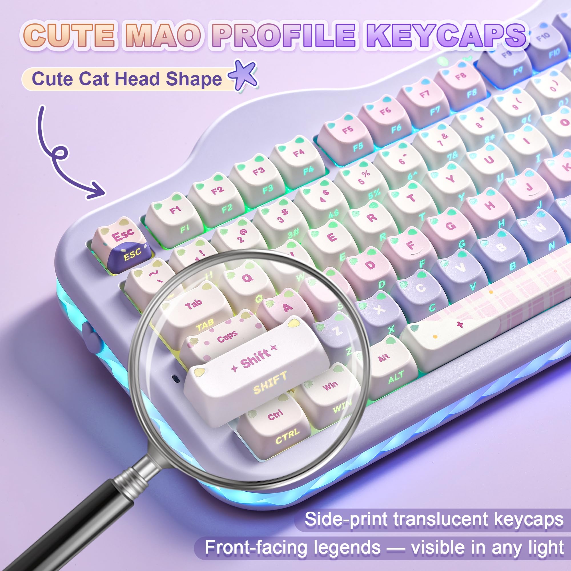 YUNZII C98 Teclado Mecánico Inalámbrico con Teclado Numérico, Teclas Mao Transparentes, 98 Teclas BT5.0/2.4G/USB-C, Montaje Gasket, RGB Personalizable, US-QWERTY Layout (Purple, Candy-Linear)