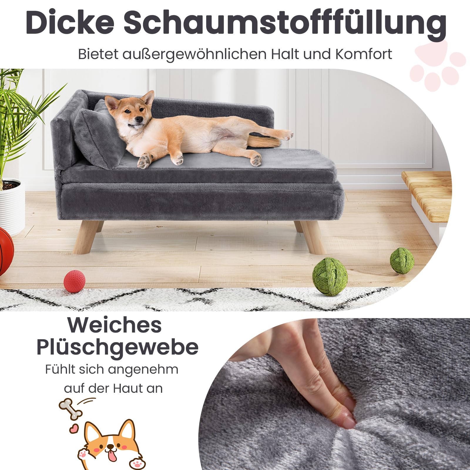 GYMAX Hundesofa erhöht, Katzensofa mit Rückenlehne, Kiefernholzbeinen & abnehmbaren Kissen, Haustiersofa für mittlere Hunde unter 50 kg, Hundebett, Hundecouch, 81 x 51 x 47 cm (Grau)