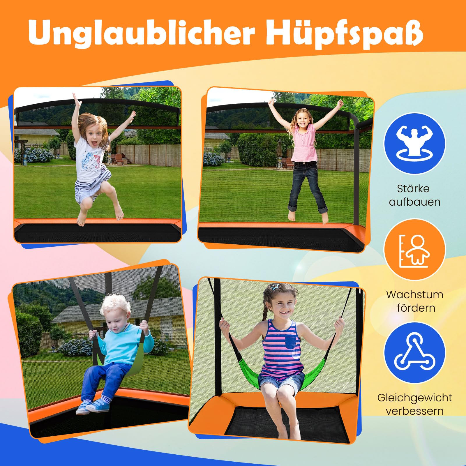 GYMAX 2 in 1 Trampolin, Freizeittrampolin mit Schaukel & Sicherheitsnetz, Kindertrampolin, Gartentrampolin, Outdoor-Trampolin für Kinder ab 3 Jahren, 190x122x210 cm
