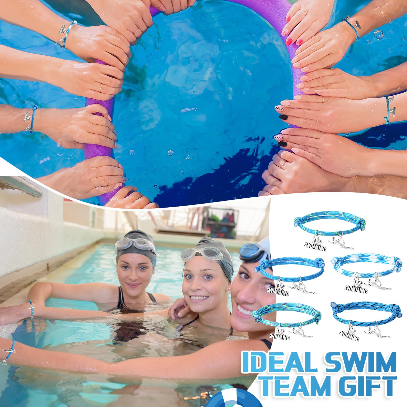 Huquary 30 Pcs Swimming Bracelets Gift Bulk Blue Swim Adjustable Braided Rope Cord with I love Swimming Charm Appreciation Supplies for Swim Team Coach Teen Swimmer Birthday Action Sport Party Favor
