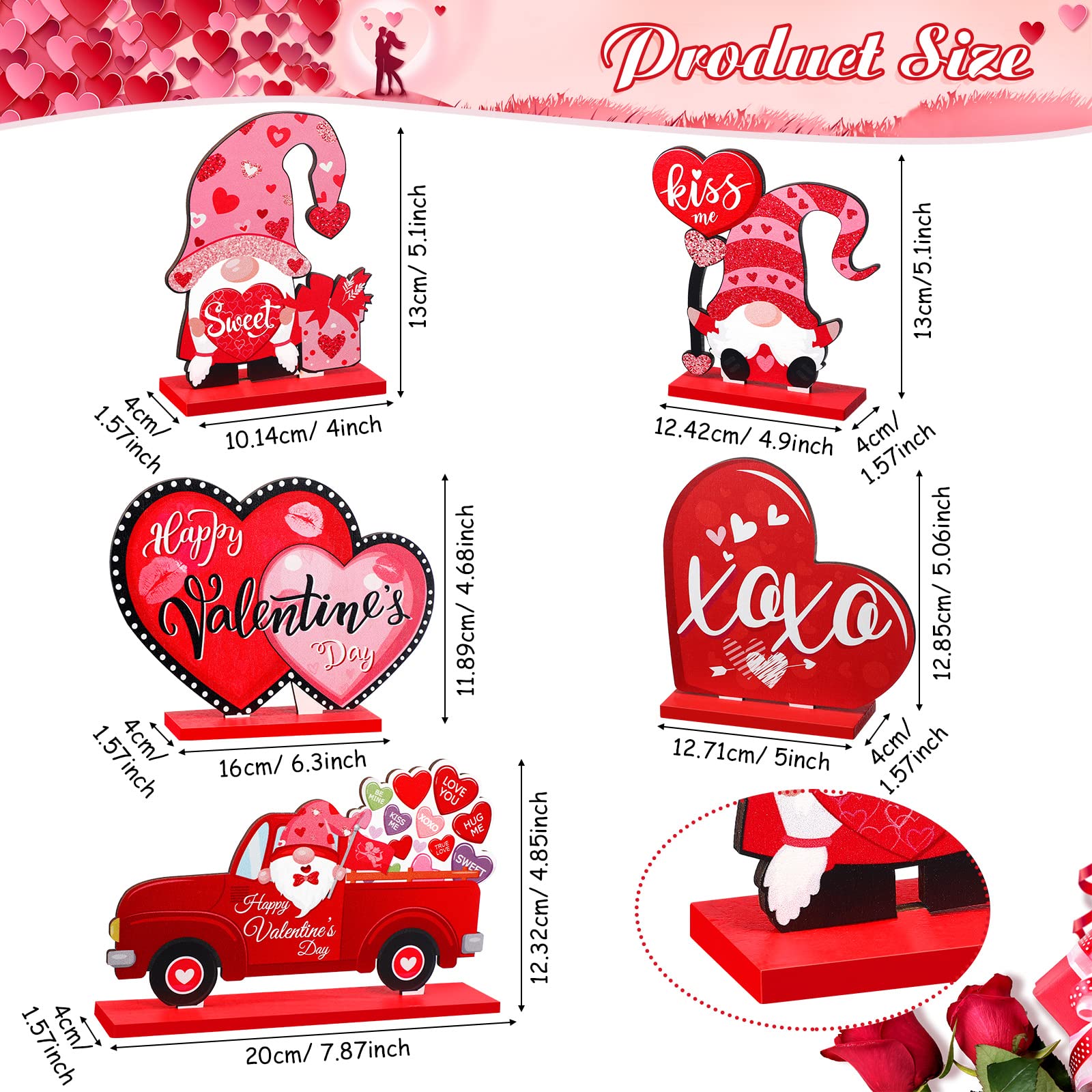 Capoda 5 Pieces Valentine's Day Wooden Table Sign Decoration Freestanding Table Centerpiece Sign Romantic Truck Heart Shape Home Decor Tiered Tray Gnome Valentines Day Accessories(Red)
