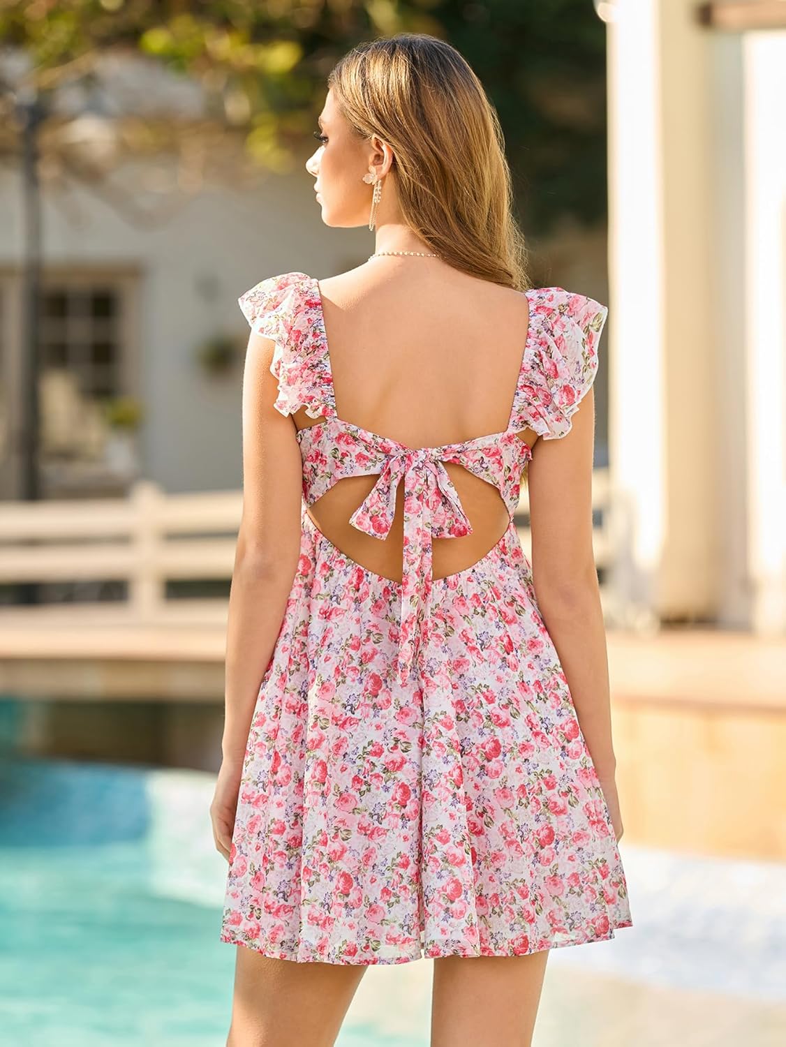 HTZMO Women Summer Floral Short Sundress V Neck Ruffle Bow Tie Sexy Backless A Line Flowy Cute Casual Beach Mini Dress 2025 - Image 6