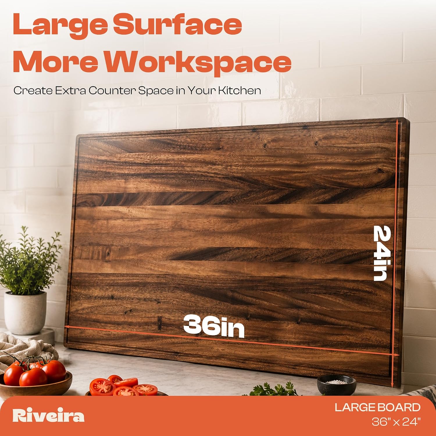 Riveira Extra Large Walnut Wood Cutting Board for Kitchen, 36" x 24", 1 Inch Thick – Large Wood Butcher Block Cutting Board with Juice Groove for Meat, Turkey, Bread & Charcuterie