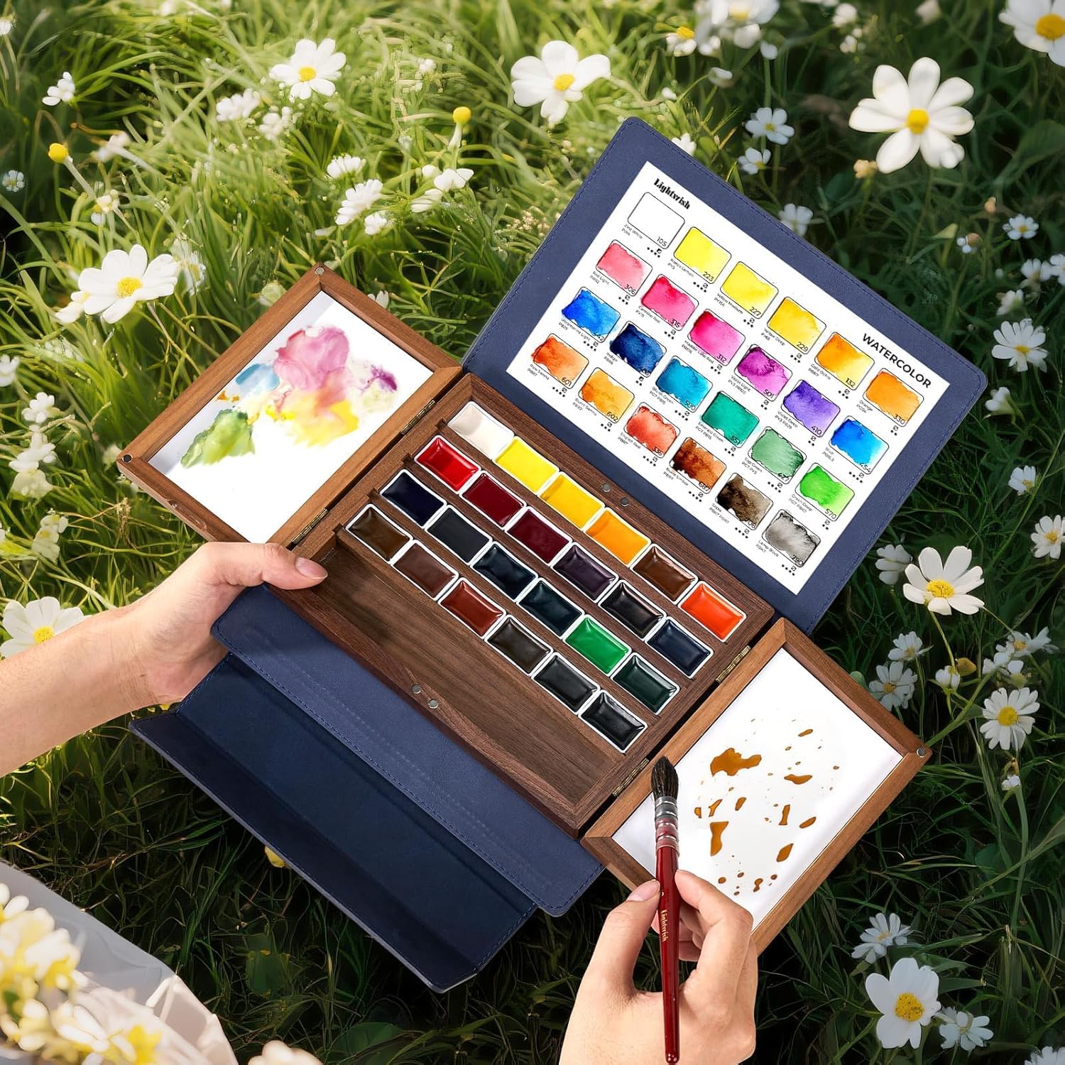 Watercolor Paint Set 24 Vibrant Colors with Walnut Wood Palette,Adjustable Angles Artificial Leather Sheath Portable Travel Watercolor Palette Set for Artist