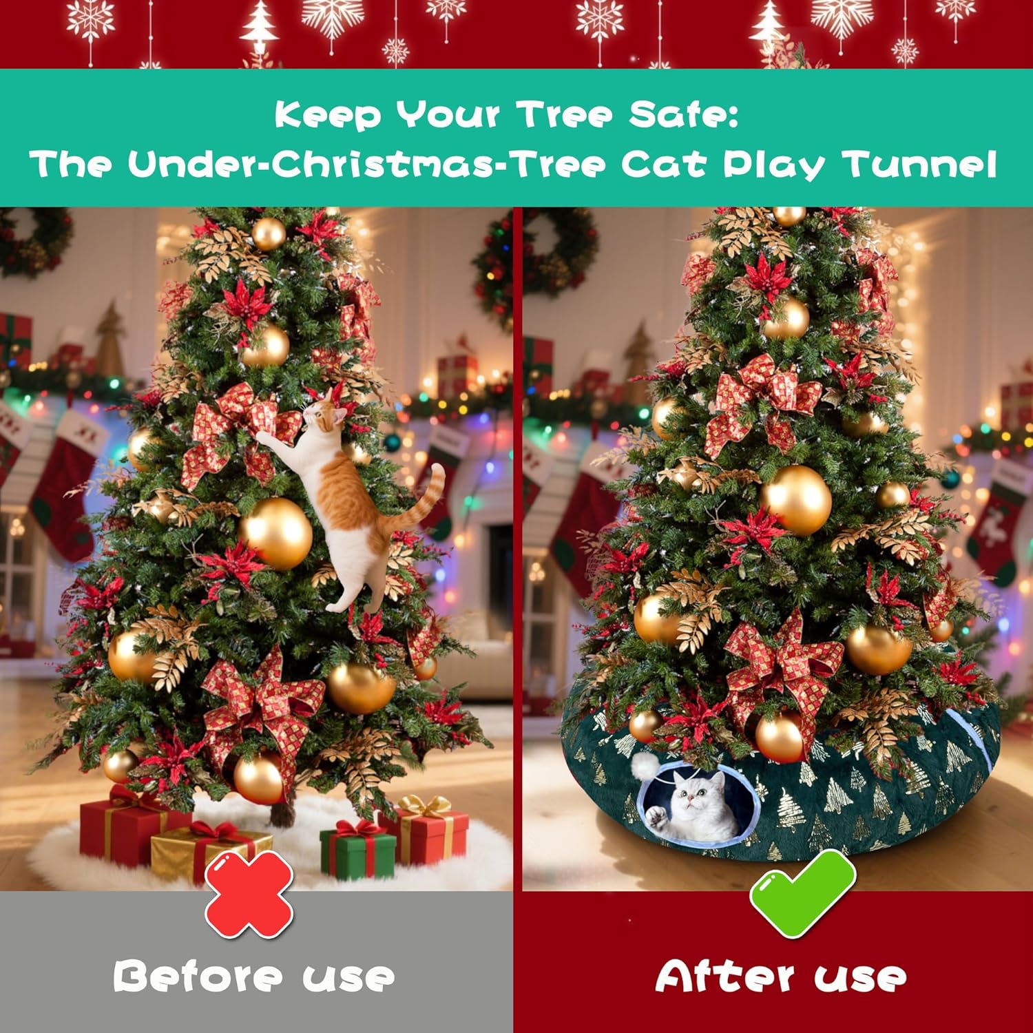 LUCKITTY Warm Fluffy Plush Christmas Tree Pattern Cat Tunnel Bed Under Christmas Tree with Premium Gold Foil & Hanging Plush Ball, 10-Inch Diameter 3-Ft Wide Round - Divert Cats from Decor Green