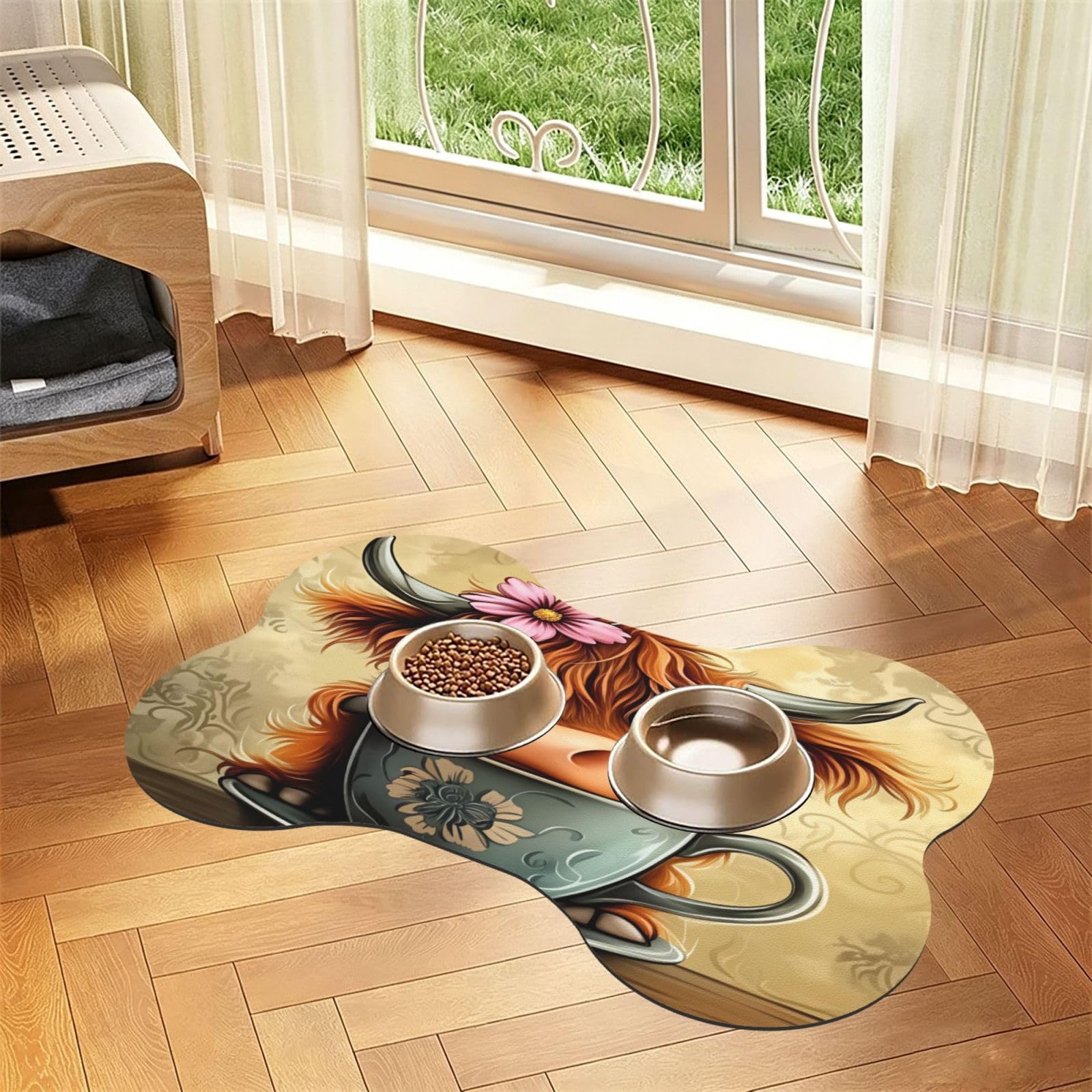 Hundenapf-Matte mit niedlichem Stier mit Teetasse, Knochenform, wasserdicht, PU-Leder, rutschfest, 40,6 x 61 cm