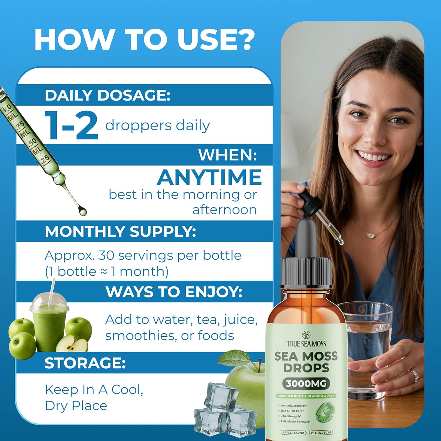 Irish Sea Moss Liquid Drops - 3000mg Formula - with Bladderwrack, Burdock Root & Black Cumin Seed - Liquid Supplement - Apple Flavor - 2 Fl Oz (60ml) - Image 3