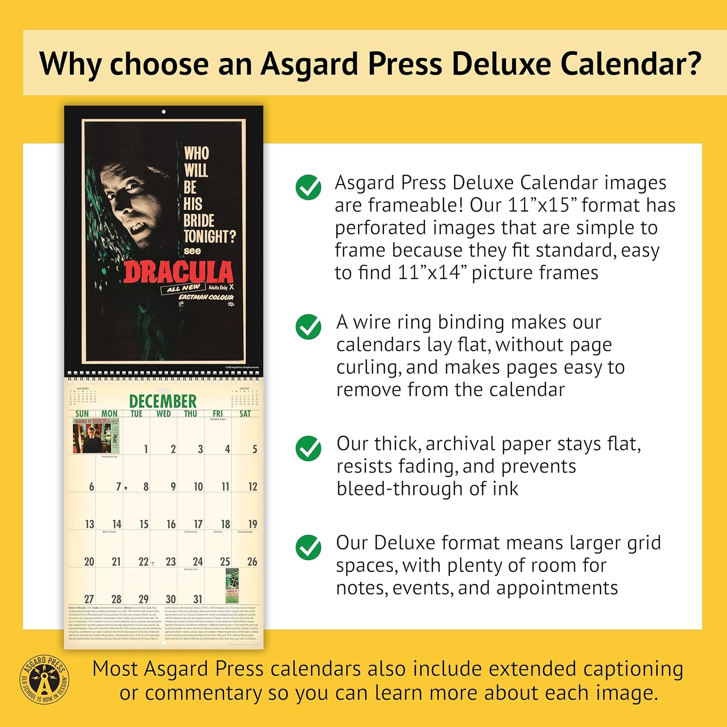 Asgard Press 2026 Vintage Monsters Deluxe Wall Calendar, 16 Months, Frame-Ready Monster Movie Poster Art with Commentary, 11”x15” (Size When Open)