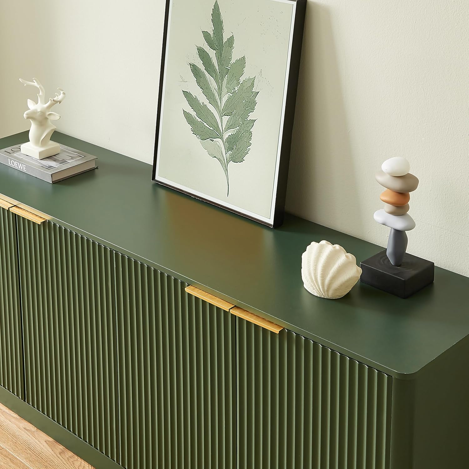 59" Buffet Sideboard Cabinet with Storage, Modern Fluted Accent Credenza with Shelves, Wood TV Console Stand 4 Doors, Sideboards for Office Living Room Hallway Kitchen, Green