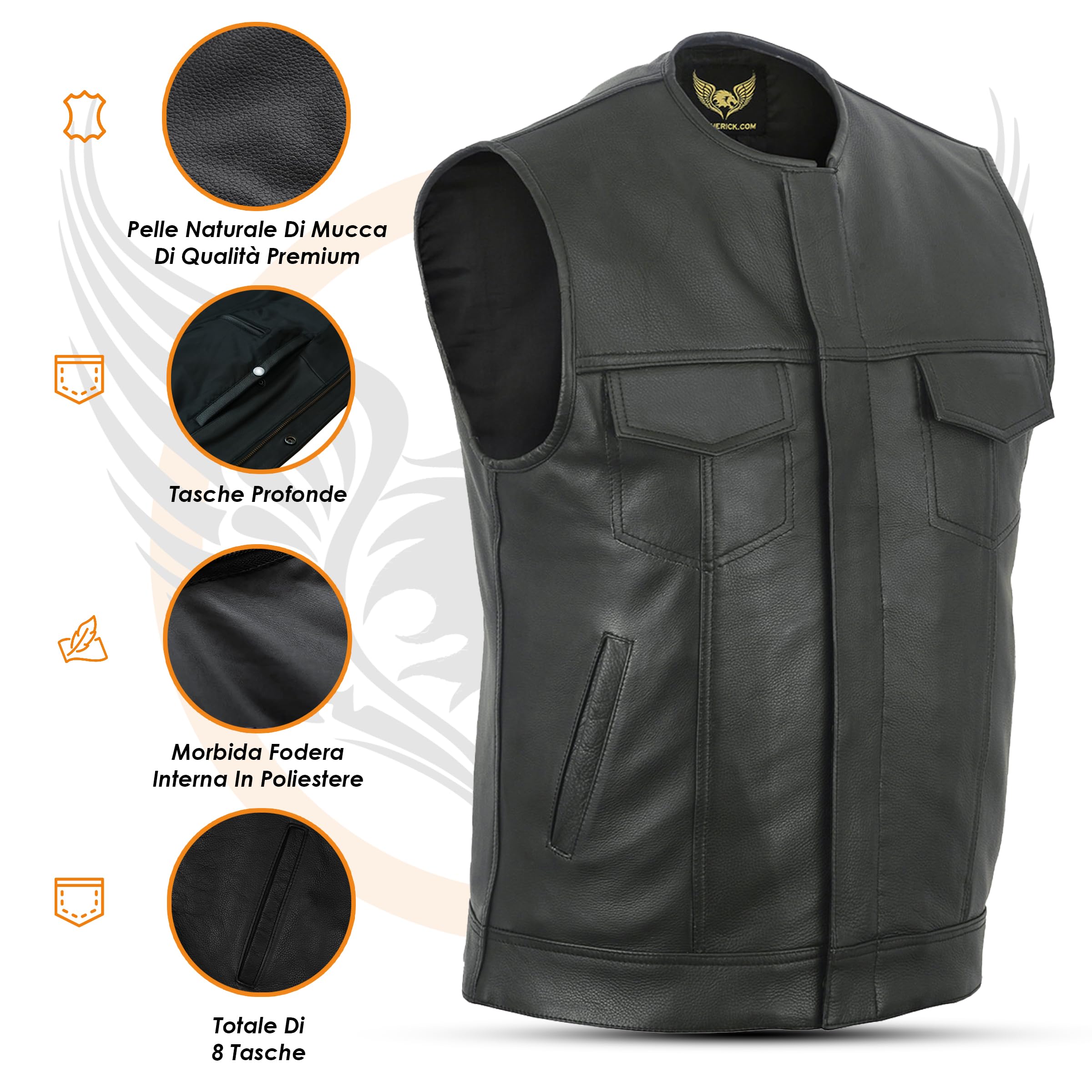 Leatherick SOA Gilet da motociclista in vera pelle da uomo senza colletto per motociclismo e moda, con tasche profonde