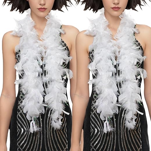Handy Lidy 2 Pack 25 Grams 47" Long Chandelle Boa Women Turkey Feather Boas-White w/Color Lurex