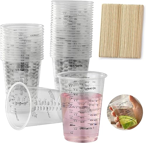 Little Cook - 40 tazas medidoras para mezclar, desechables de resina de plástico transparente de 8 onzas con 40 palitos de madera para mezclar