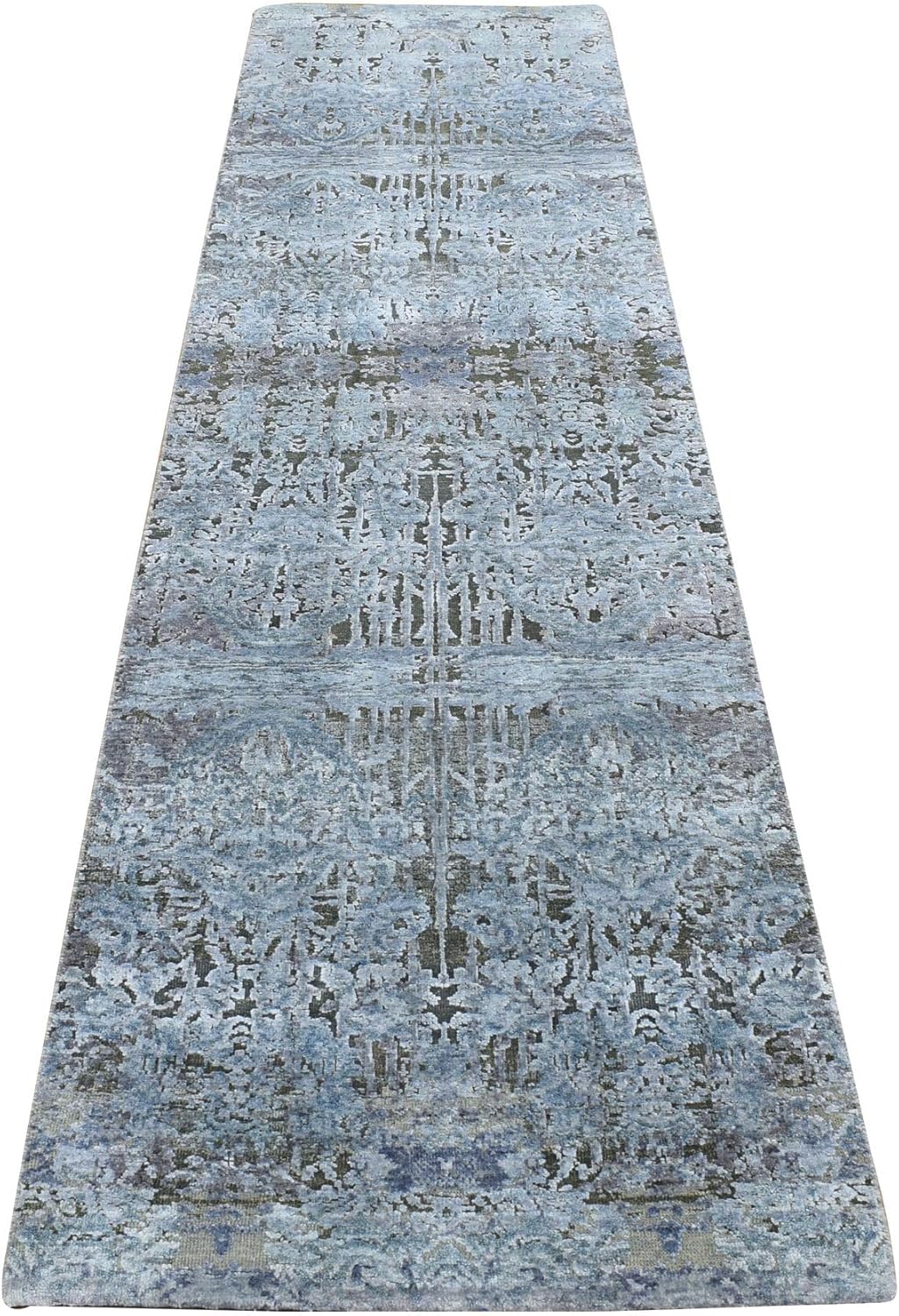 Cadet Gray Silk with Textured Wool Hand Knotted Erased and Broken Design Runner Oriental Rug (2'6"x10')