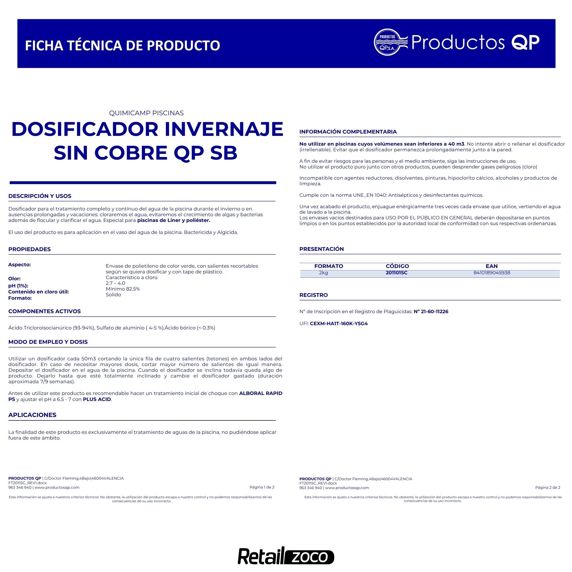 Dosificador auto invernaje SIN cobre, Tratamiento agua piscina 2 Kg 50m3 - imagen 3