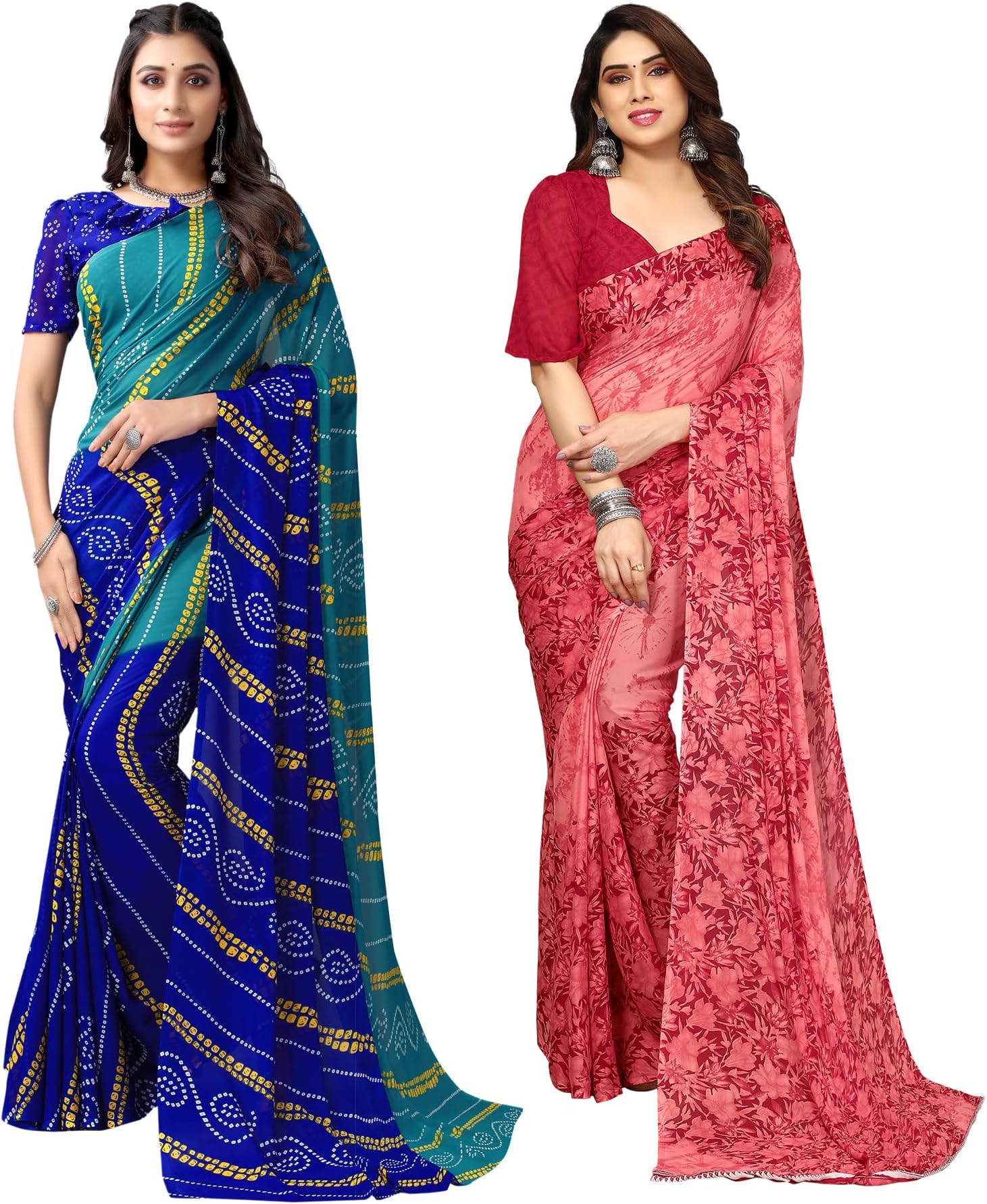 SIRIL Women's Georgette Printed Saree With Unstitched Blouse Piece Combo Pack Of 2