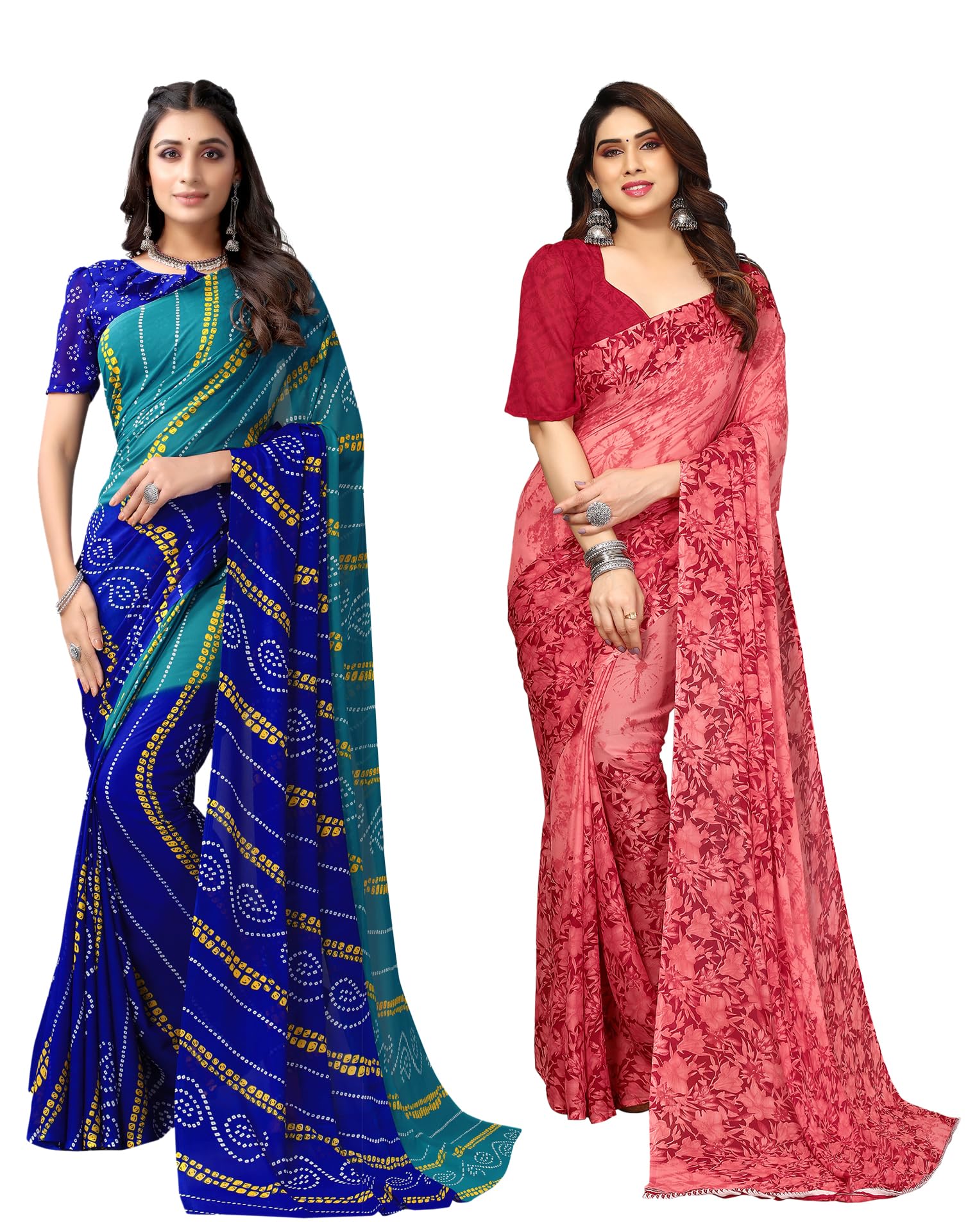 SIRIL Women's Georgette Printed Saree With Unstitched Blouse Piece Combo Pack Of 2