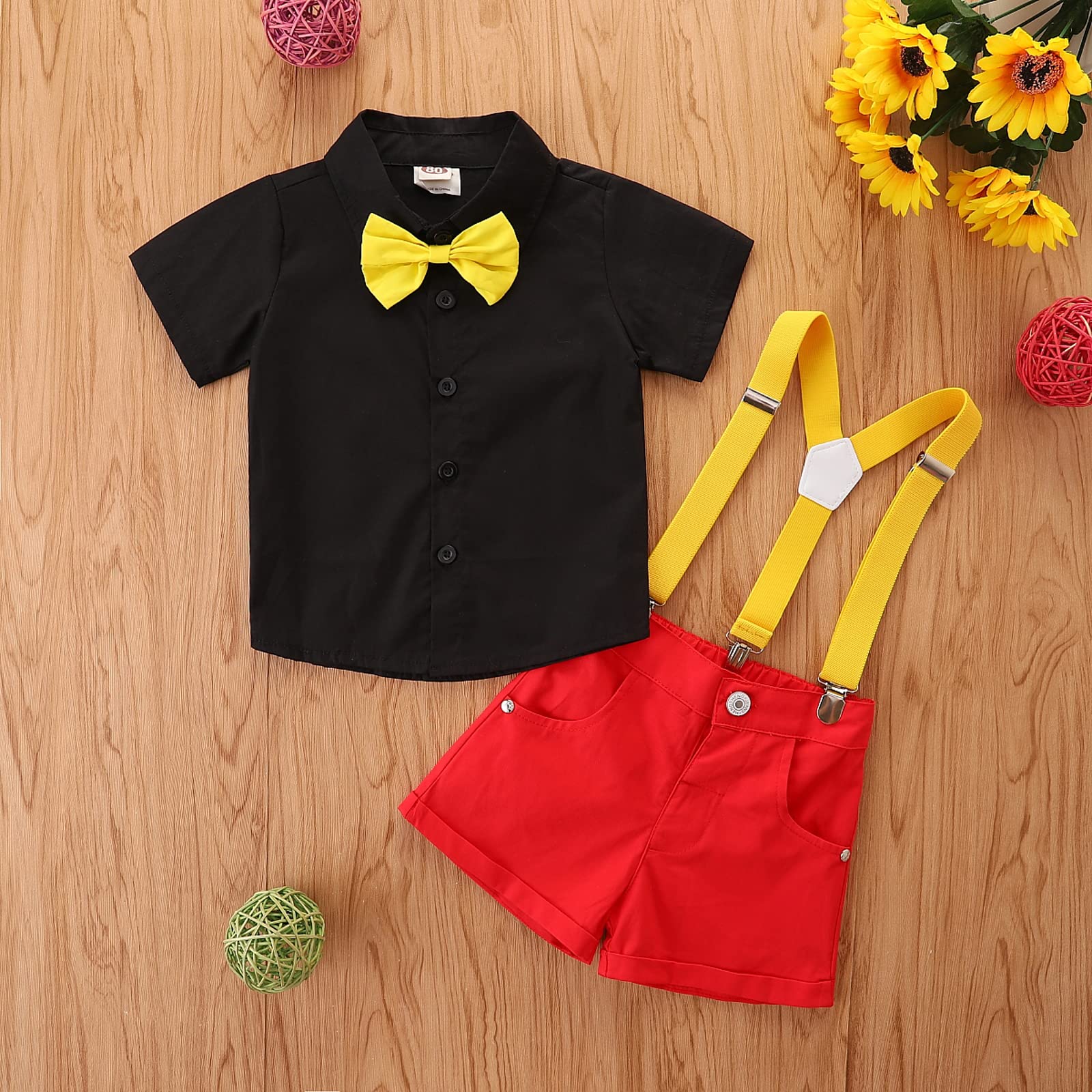 Thilsidee Little Kids Toddler Boys 2Pcs Gentleman Outfits Suits,Short Sleeve Bow Tie Shirts+Suspender Short Pants 9M-5T (#12-Black,1-2T)