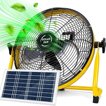 DBF 14" Solar Powered Fan, 15000 mAh Rechargeable Battery Operated Outdoor Floor Fan, 20W Solar Panel, 4-24H Runtime, 12 Speeds, Quiet, Cordless, For Outside Barn Home Outage, Yellow