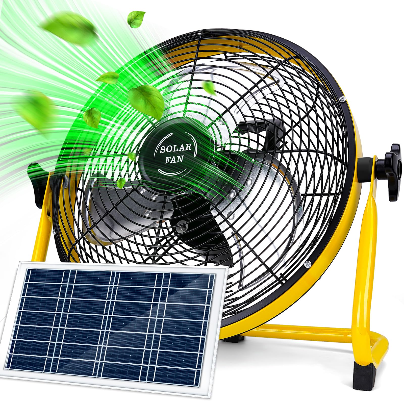 DBF Ventilador solar de 14 pulgadas, ventilador de piso para exteriores con batería recargable de 15000 mAh, panel solar de 20 W, tiempo de funcionamiento de 4 a 24 horas, 12 velocidades, silencioso