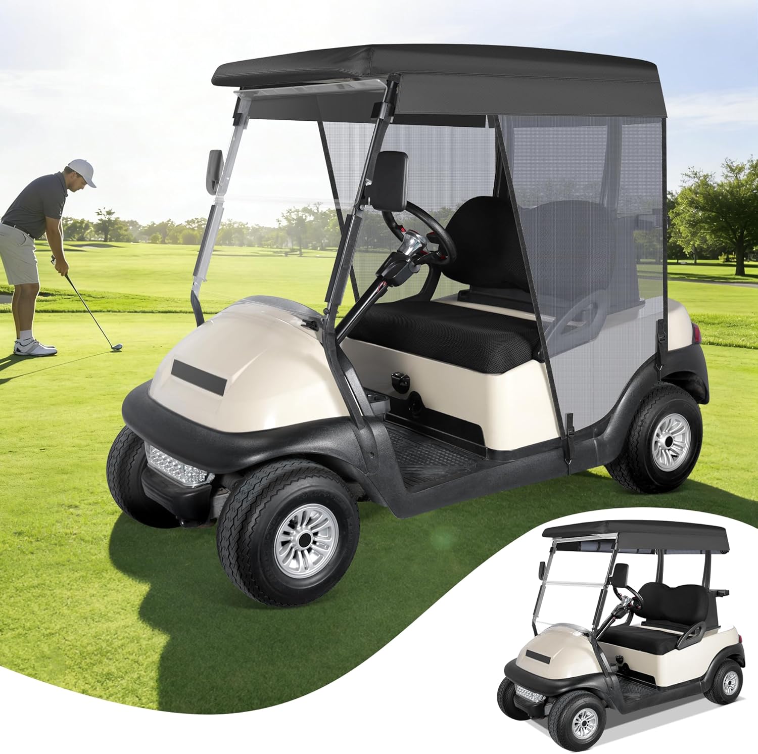 Golf Cart Sun Shade Cover for Club Car Precedent DS EZGO TXT RXV EXCAR 2 Passenger 59" Roof UV Breathable Mesh Sunshade Curtain Gray