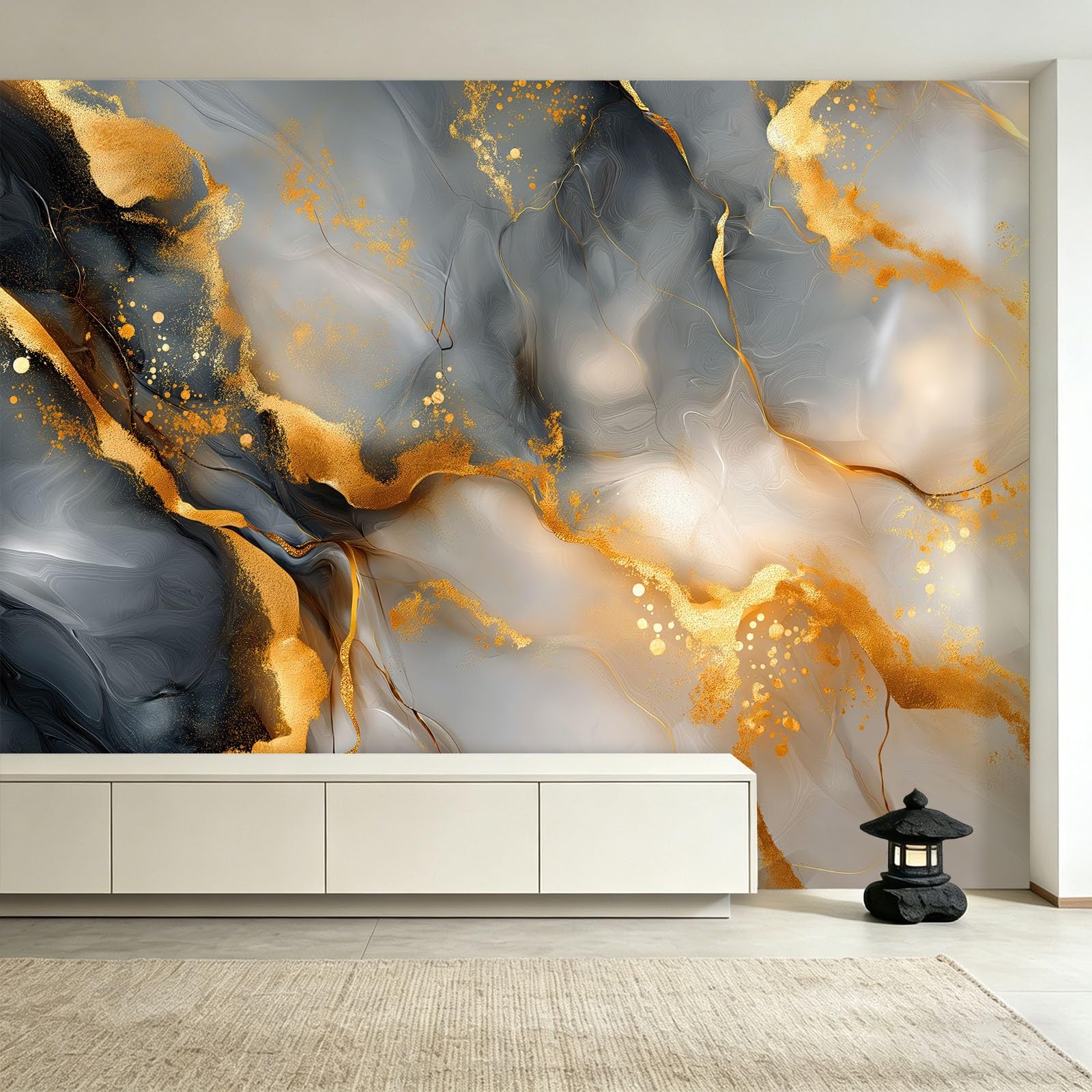 Carta da parati in tessuto non tessuto, 200 x 140 cm, carta da parati fotografica, decorazione da parete per sfondo TV, soggiorno, appartamento, facile da montare, moderna, nero, bianco, oro, marmo