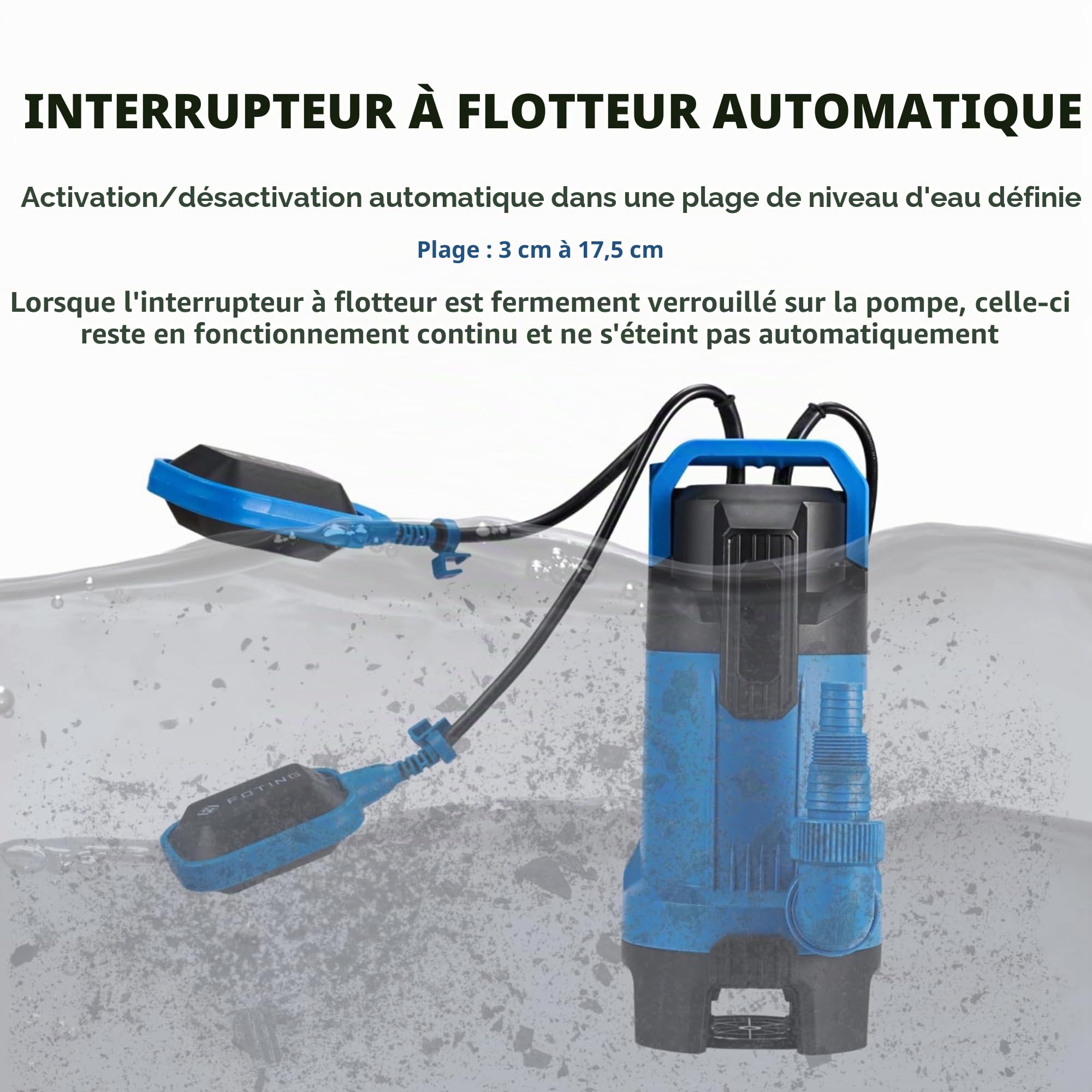 Pompe d'évacuation eaux chargées, 550W, Débit 16000L/H, Hauteur de refoulement max: 8m, Profondeur d’immersion max: 7m, Taille Particules Max 35 mm, Pompe à eau Submersible avec Interrupteur Flottant