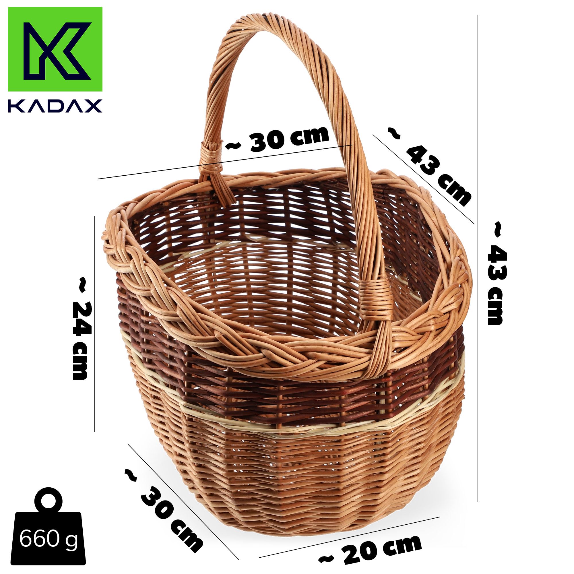 KADAX Panier en Osier Ovale pour Champignons, Shopping, Pique-Nique - Robuste avec Poignée - pour Bouteilles, Jardin et Transport (Mélange, 43 x 30 x)