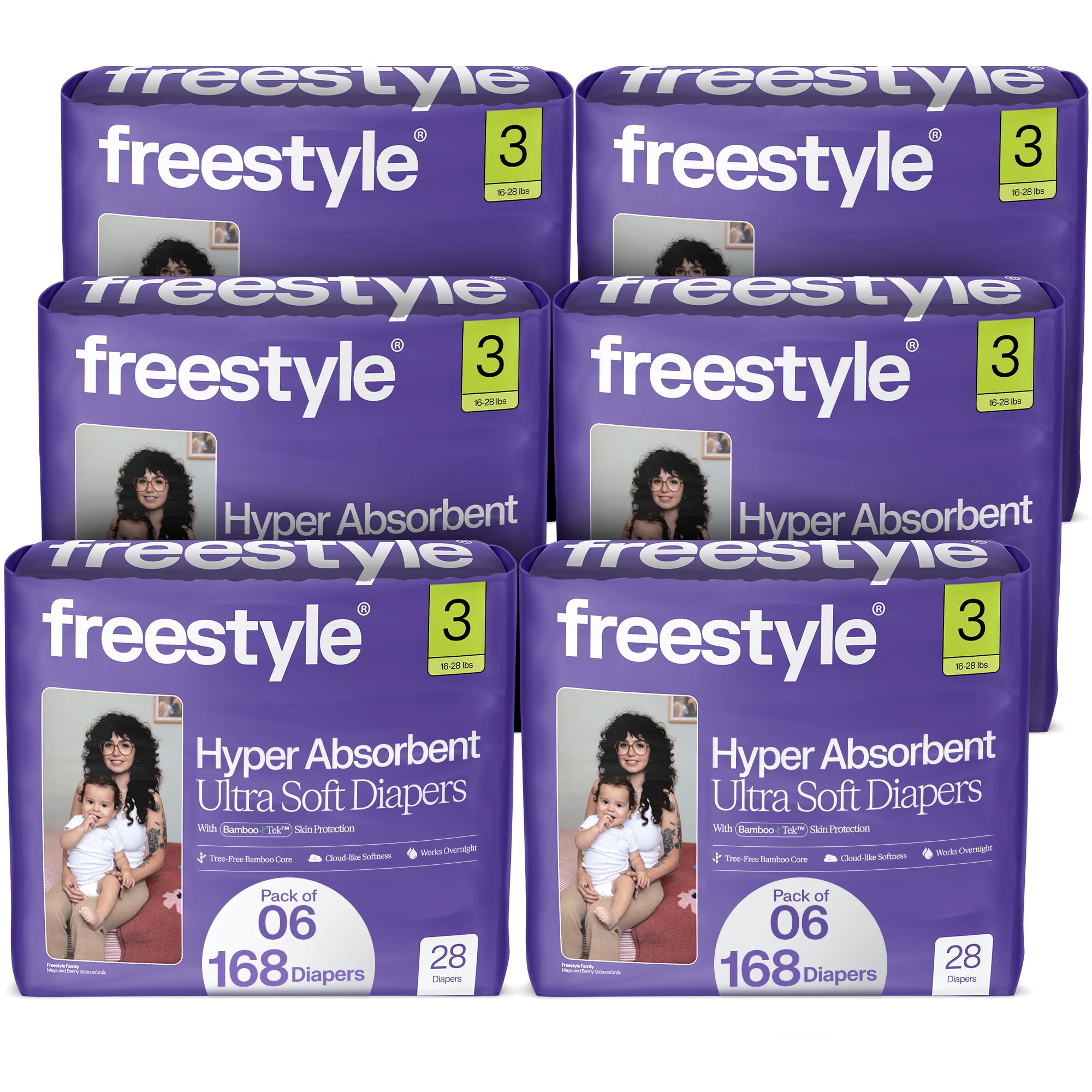 freestyle bambootek diapers – (size 3) hyper absorbent & non-toxic – disposable diapers for sensitive skin – ultra soft diapers (16-28 lbs) – 168 count