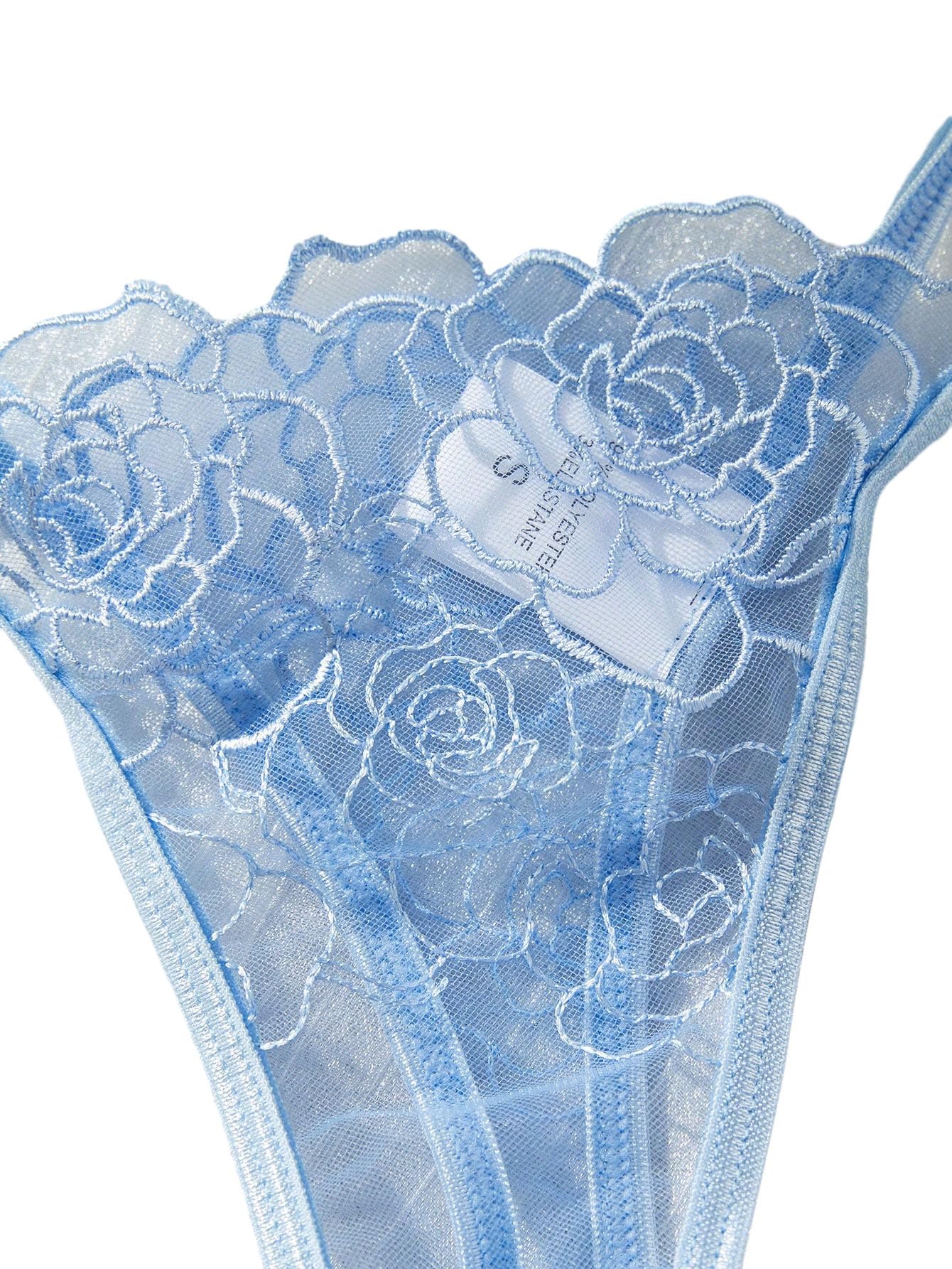 Lilosy Sexy Satin Mesh Floral Sheer Embroidered Underwire Lingerie Set 2 Piece Women Push Up See Through Matching Bra Panty Print Royal Blue Medium: Flower X-Large Solid Light Blue