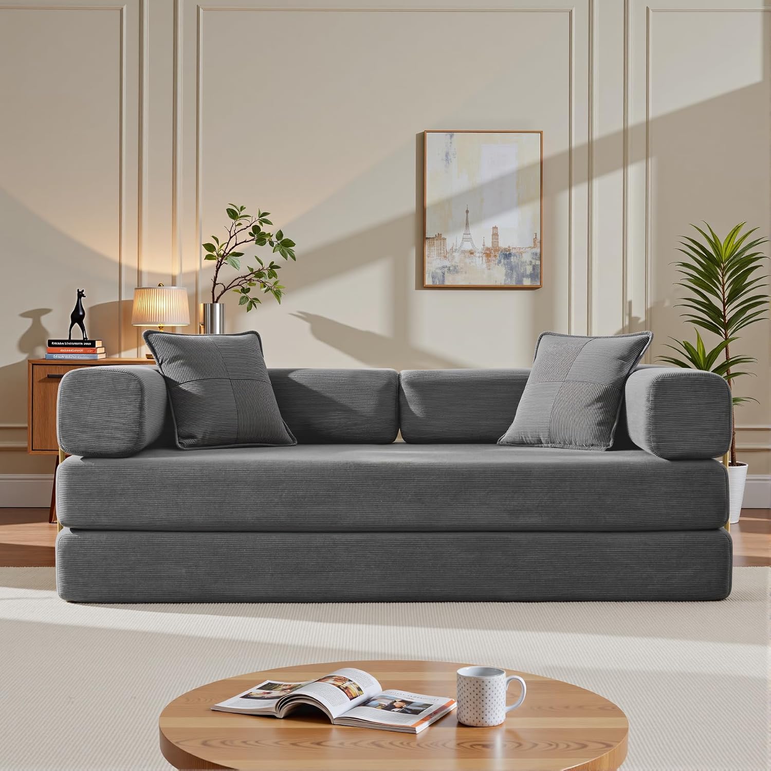 Convertible Sleeper Sofa Bed, Corduroy Folding Sofa Bed with Fixed-Shape Frame, Fold Out Floor Mattress Couch, Lazy Compression Sofa for Living Room, Bedroom, No Assembly Required, Grey