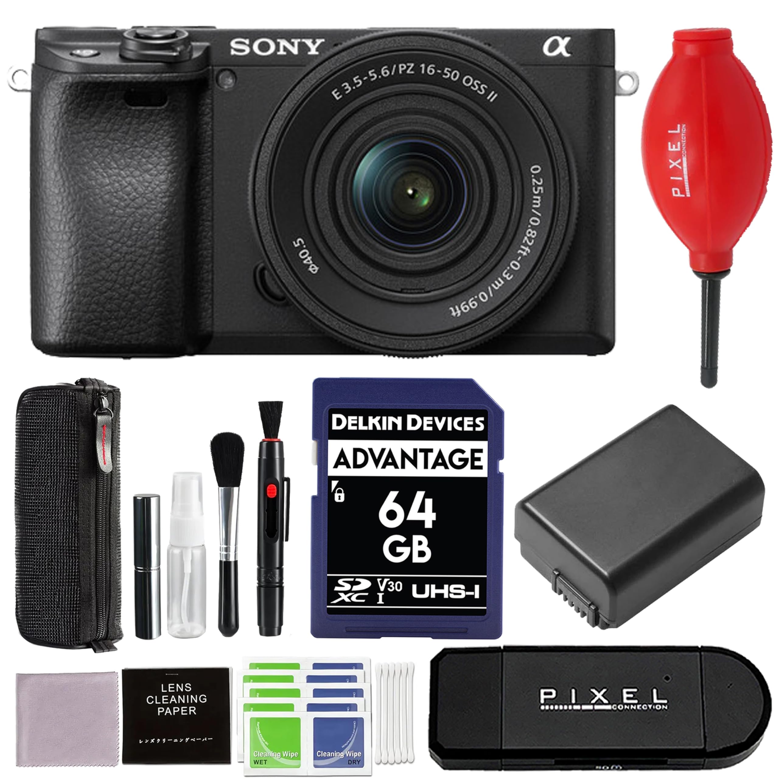 Sony a6400 Mirrorless Camera with 16-50mm f/3.5-5.6 II Lens and 64GB SD Card + Card Reader + Blower + More | Sony a6400, ILCE6400KB